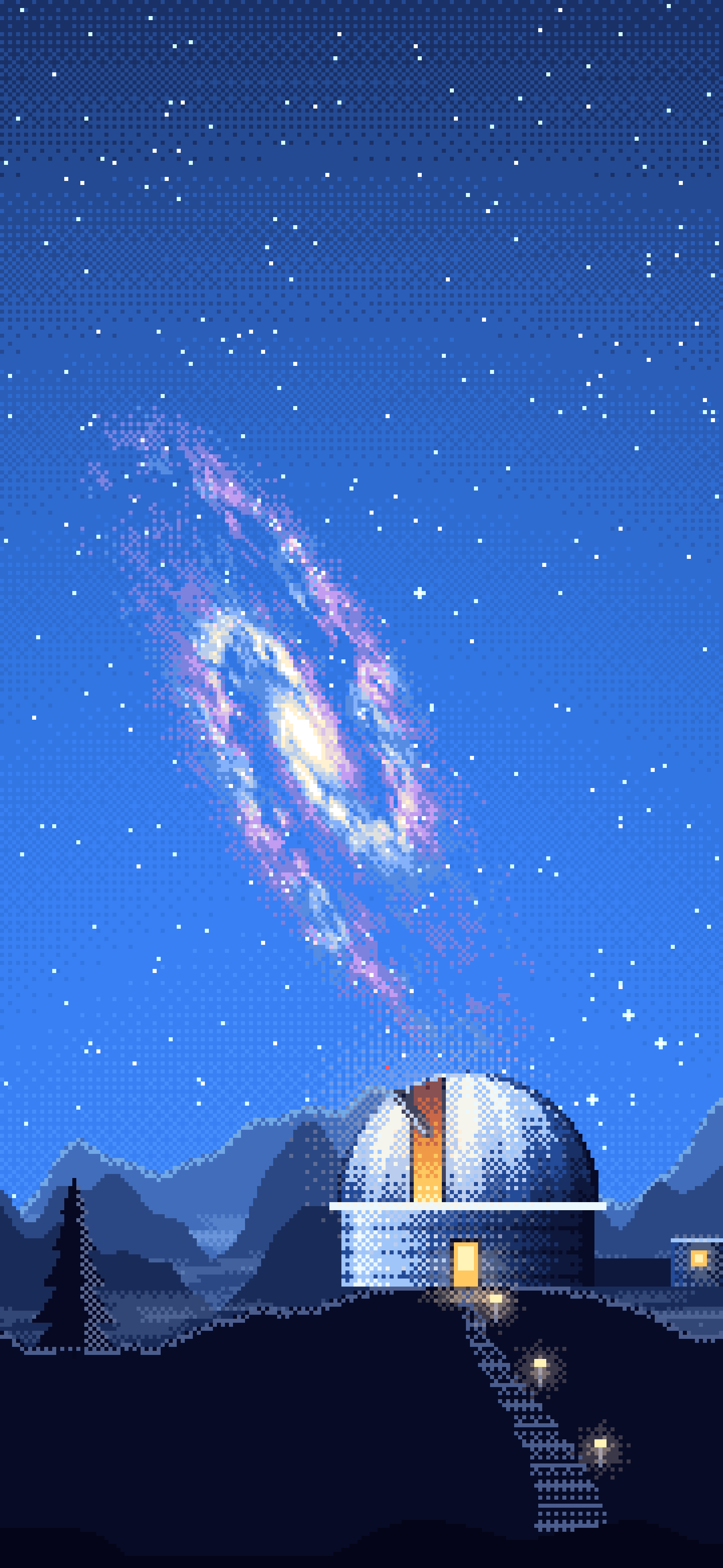 Blue Pixel Art Galaxy Over an Observatory wallpaper for iPhone and Android