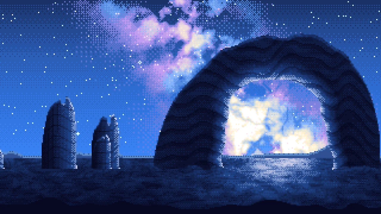 Blue Pixel Art Galaxy Over Desert Rocks desktop wallpaper in 4K