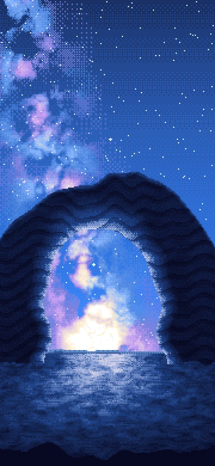Blue Pixel Art Galaxy Over Desert Rocks wallpaper for iPhone and Android
