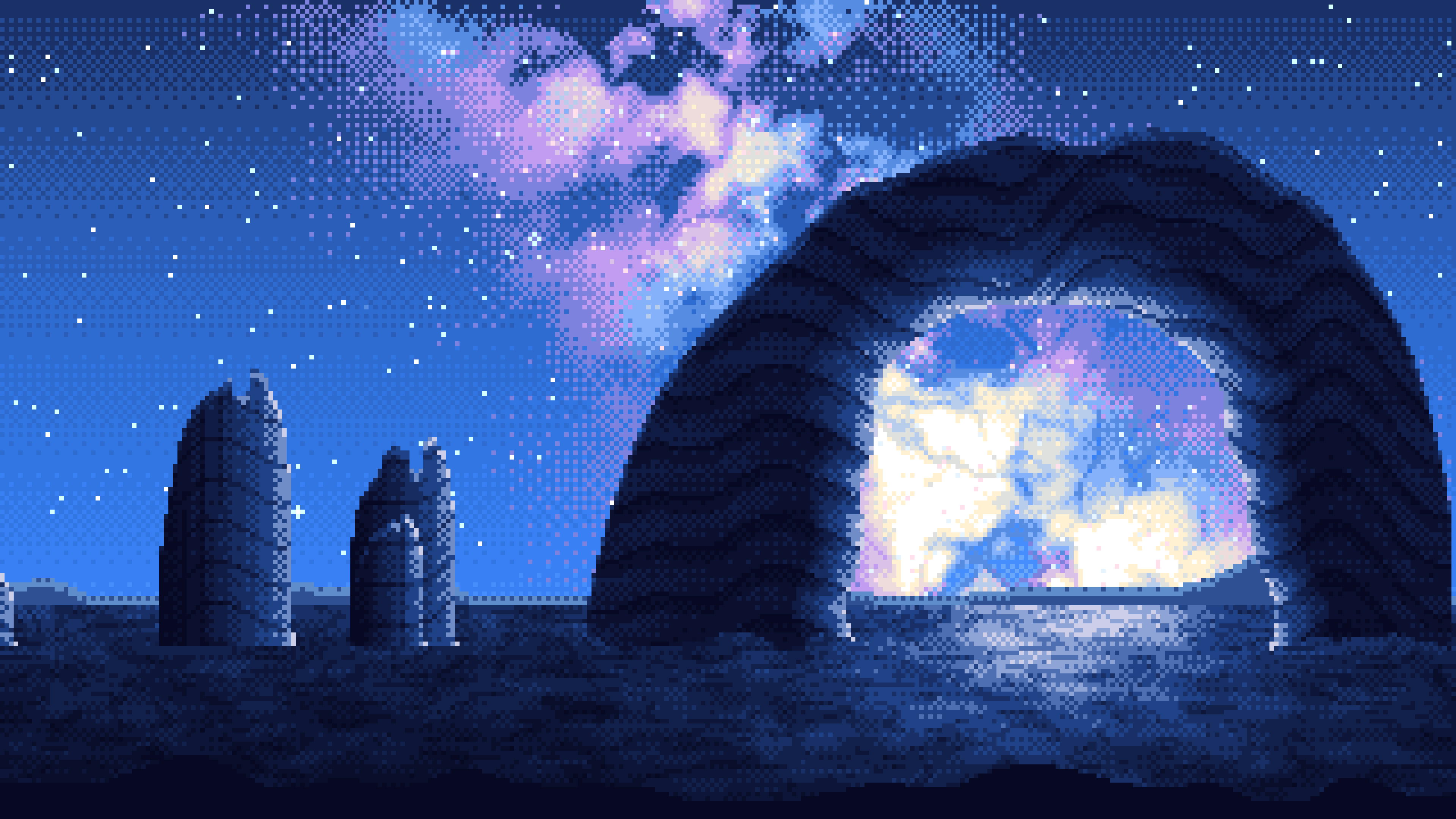 Blue Pixel Art Galaxy Over Desert Rocks desktop wallpaper in 4K