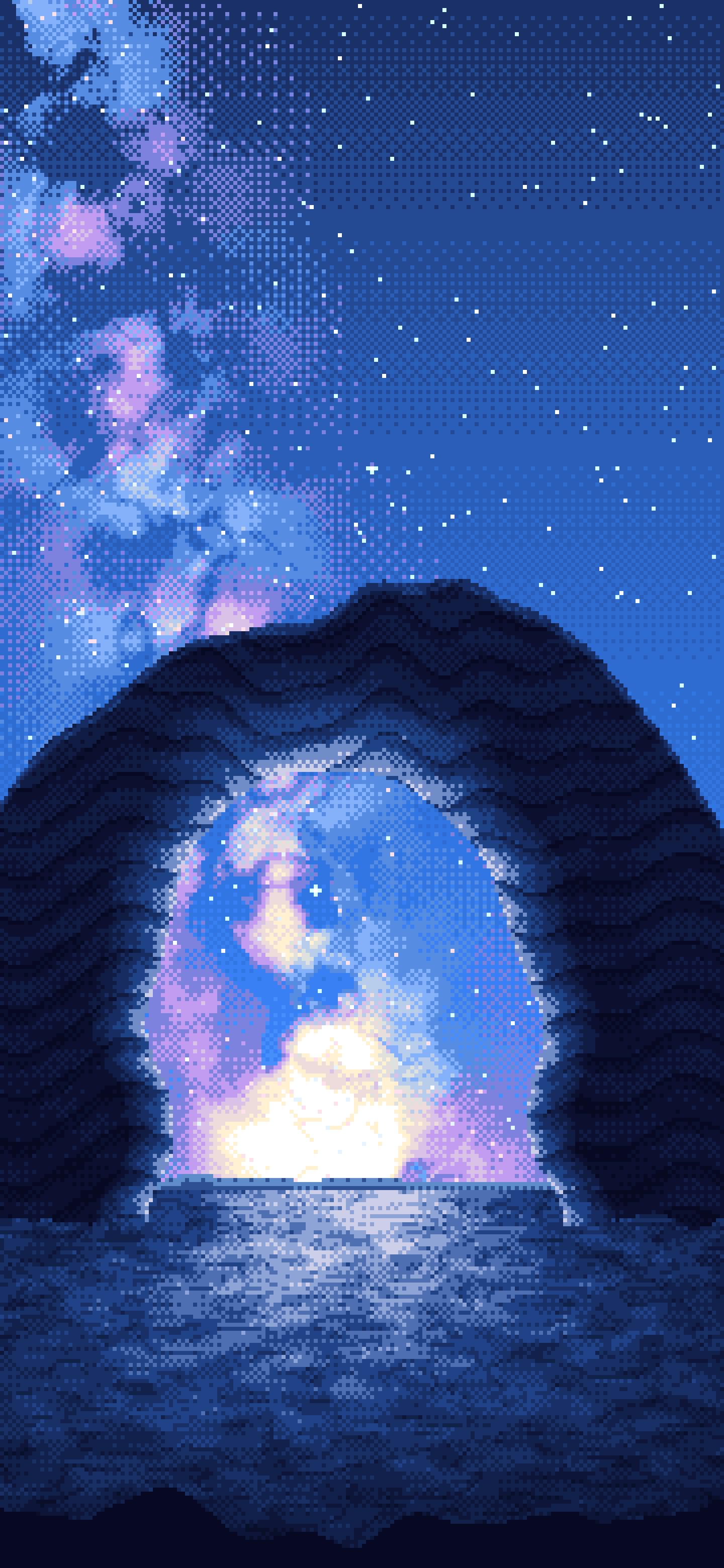Blue Pixel Art Galaxy Over Desert Rocks wallpaper for iPhone and Android
