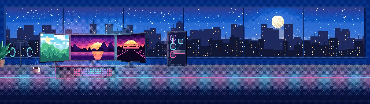 Blue Pixel Art Gaming Battlestation dual monitor wallpaper, 7680 × 2160