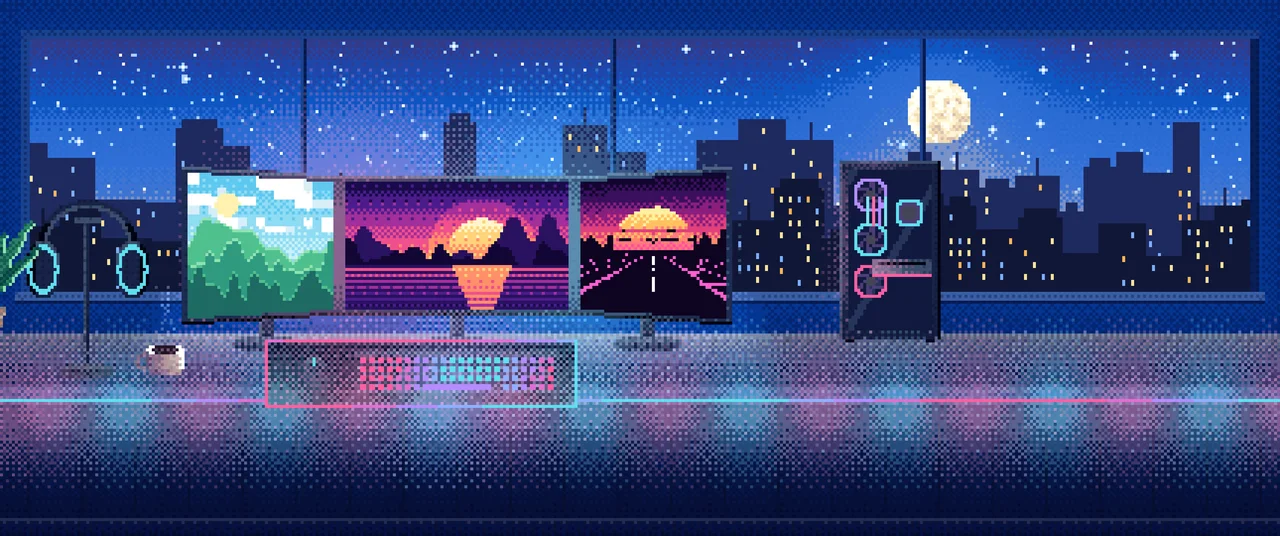 Blue Pixel Art Gaming Battlestation ultrawide wallpaper, 3440 × 1440