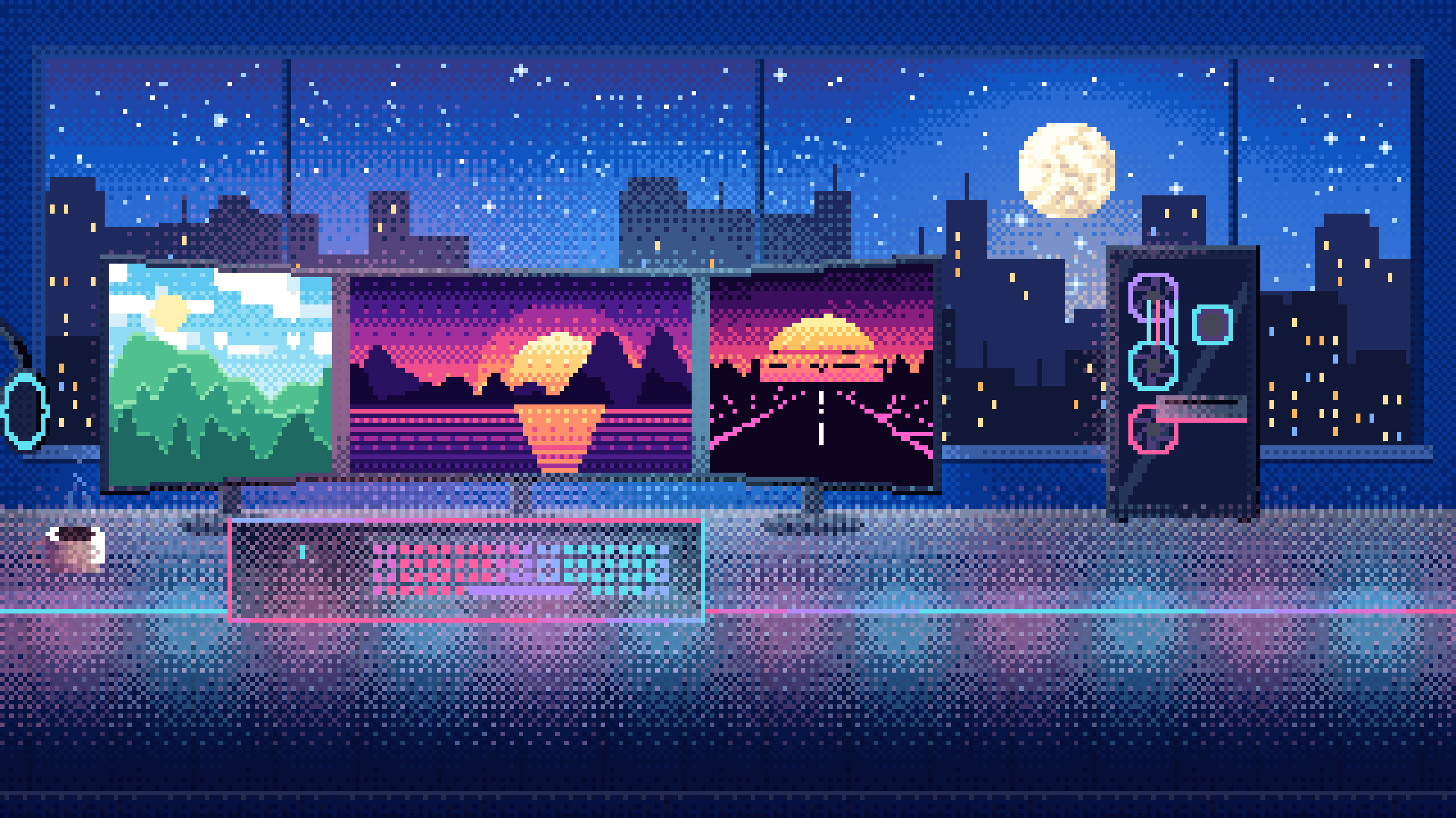 Blue Pixel Art Gaming Battlestation desktop wallpaper in 4K