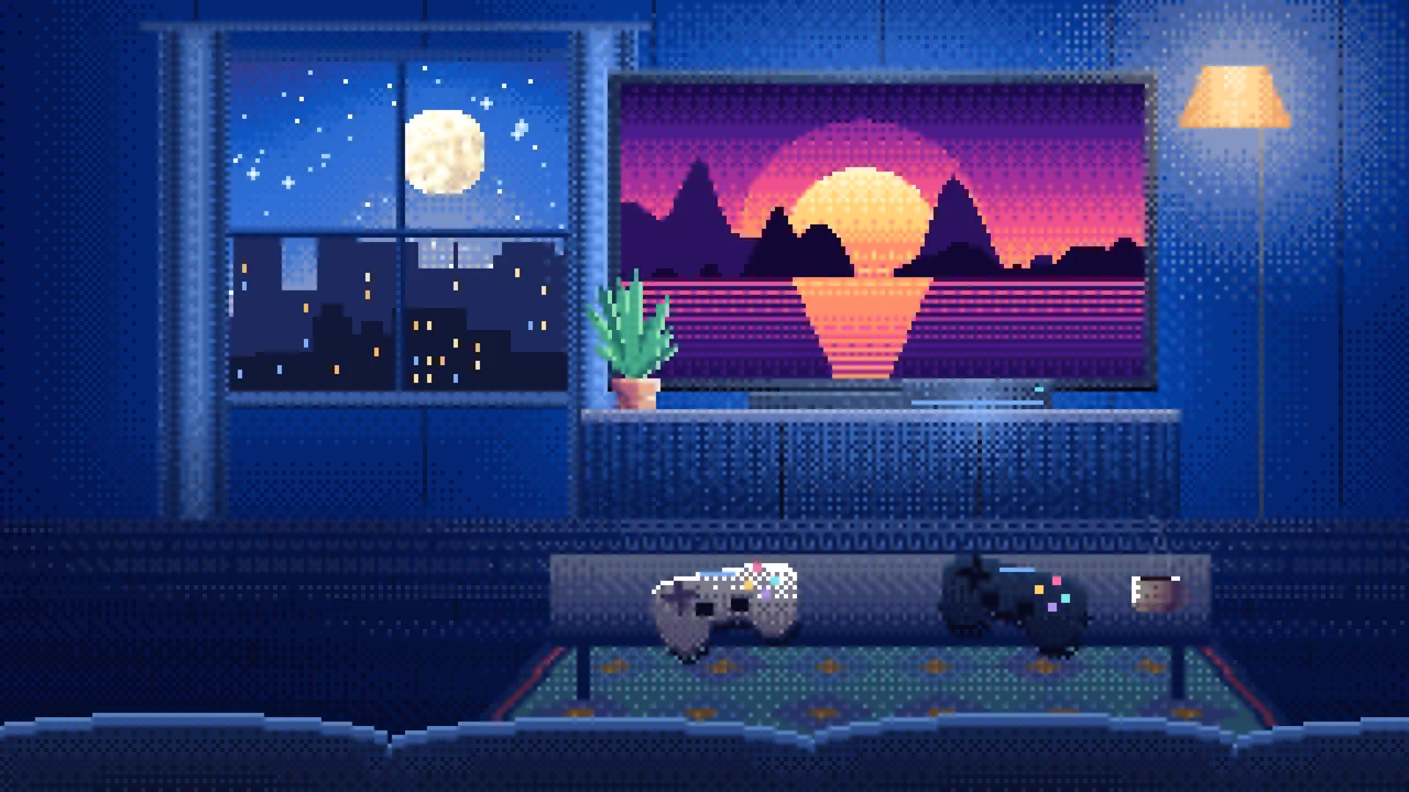 Blue Pixel Art Gaming Living Room desktop wallpaper in 4K
