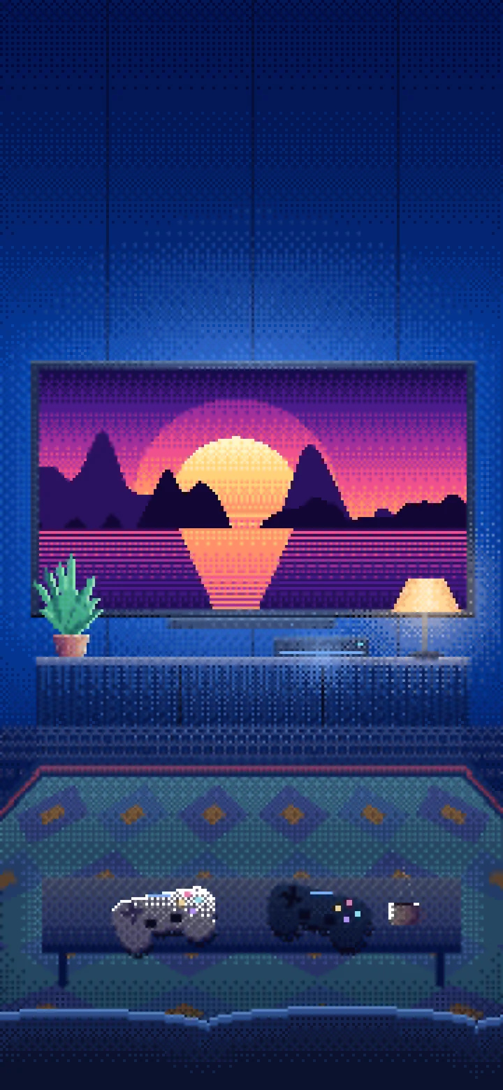 Blue Pixel Art Gaming Living Room wallpaper for iPhone and Android