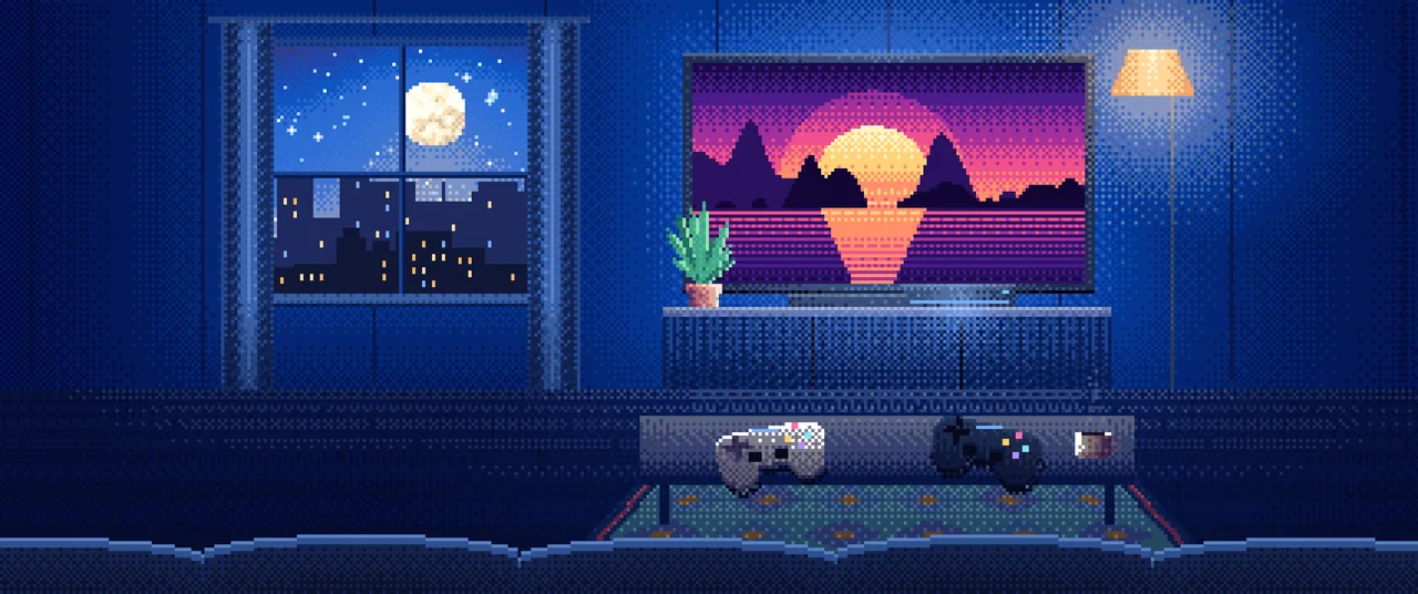 Blue Pixel Art Gaming Living Room ultrawide wallpaper, 3440 × 1440