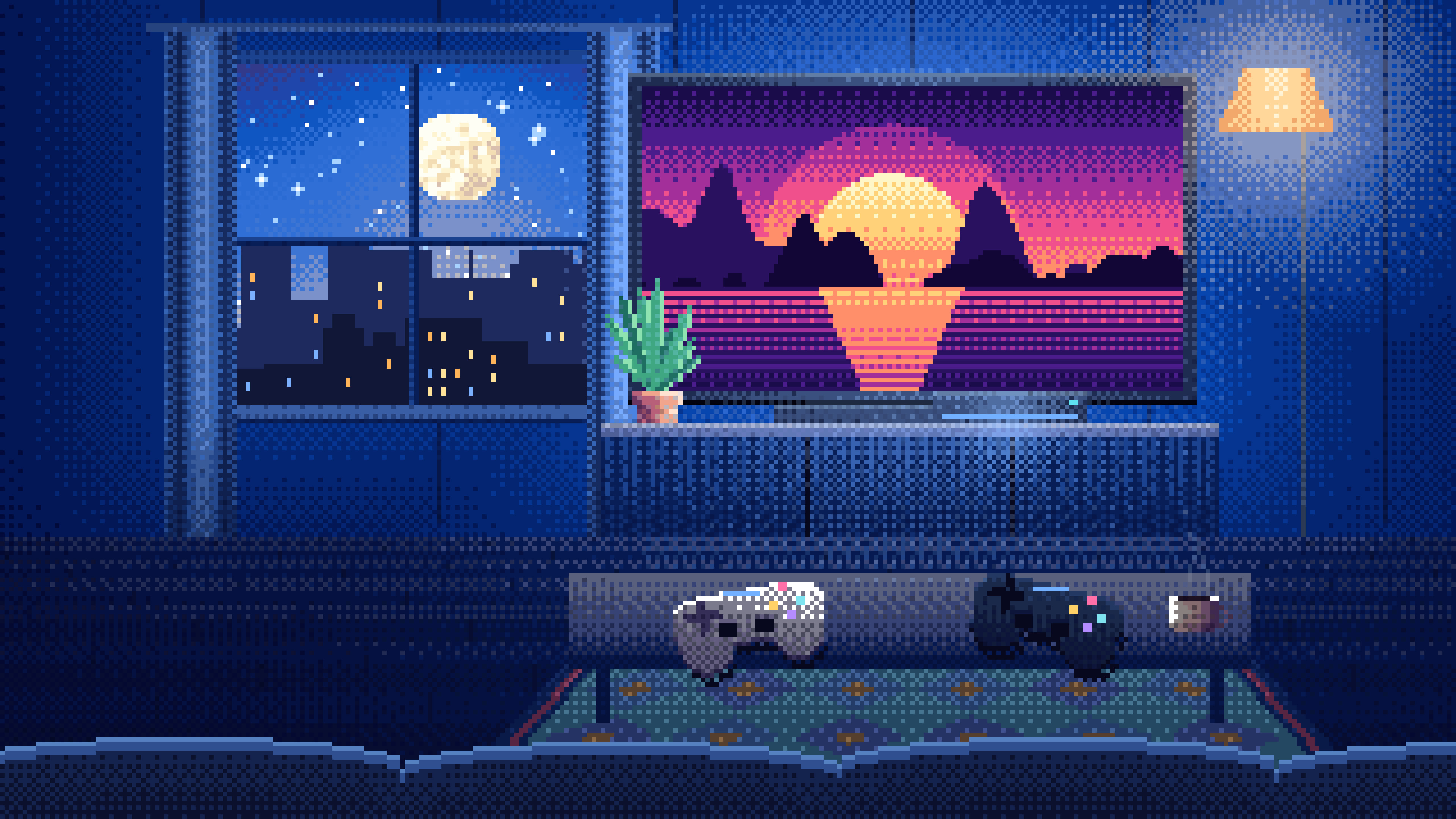 Blue Pixel Art Gaming Living Room desktop wallpaper in 4K