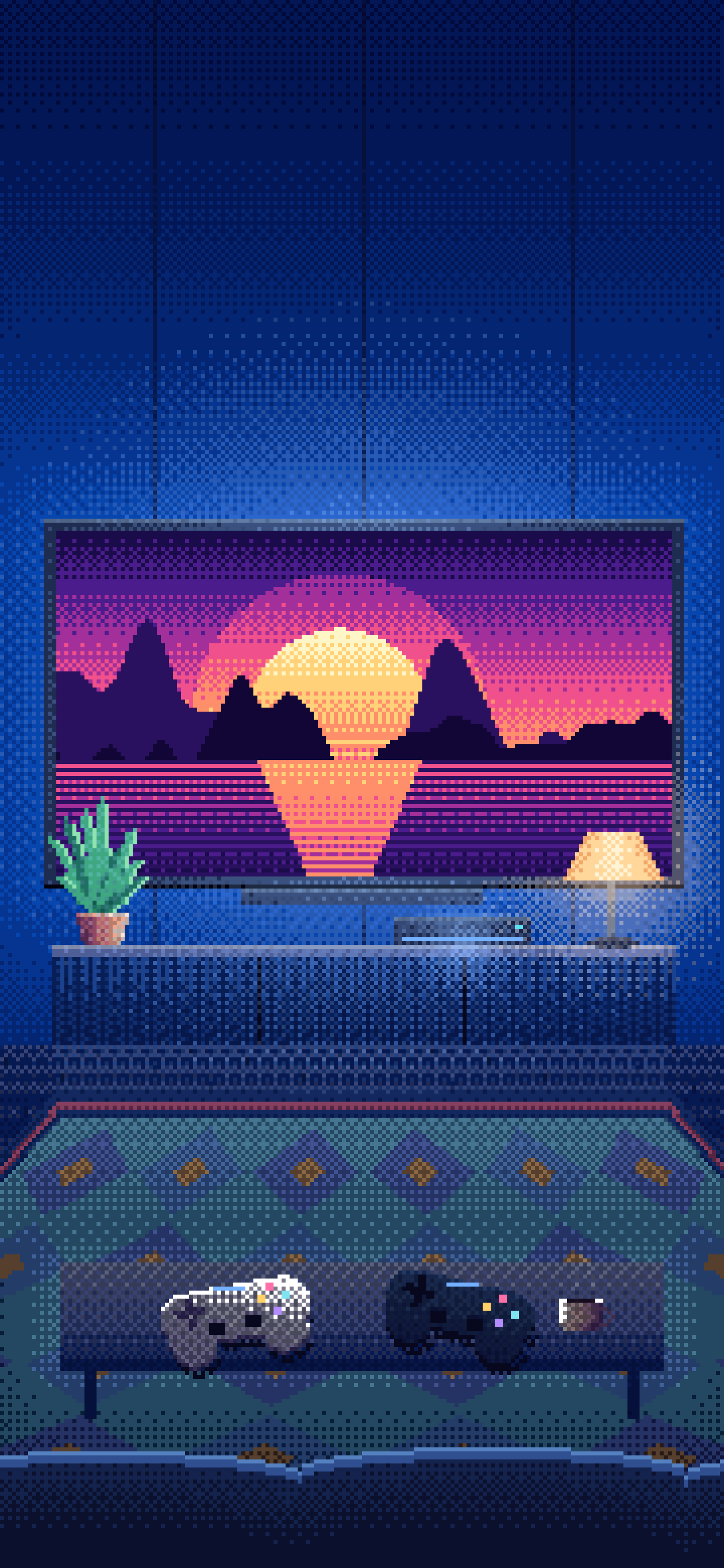 Blue Pixel Art Gaming Living Room wallpaper for iPhone and Android
