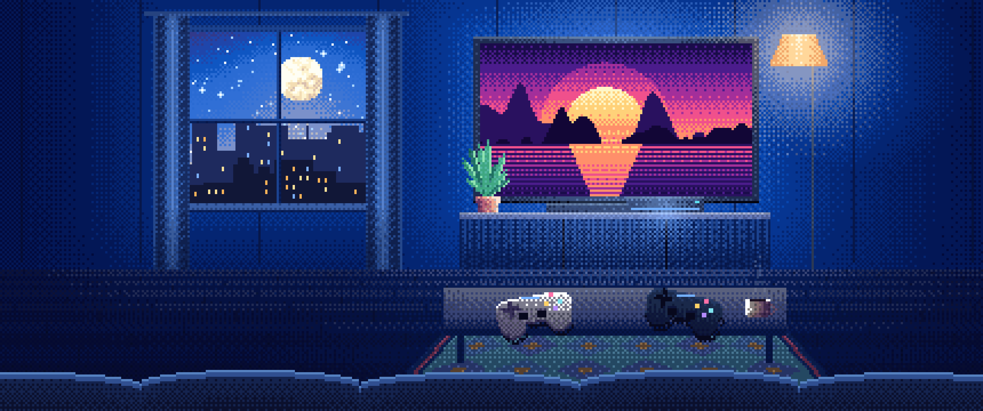 Blue Pixel Art Gaming Living Room ultrawide wallpaper, 3440 × 1440