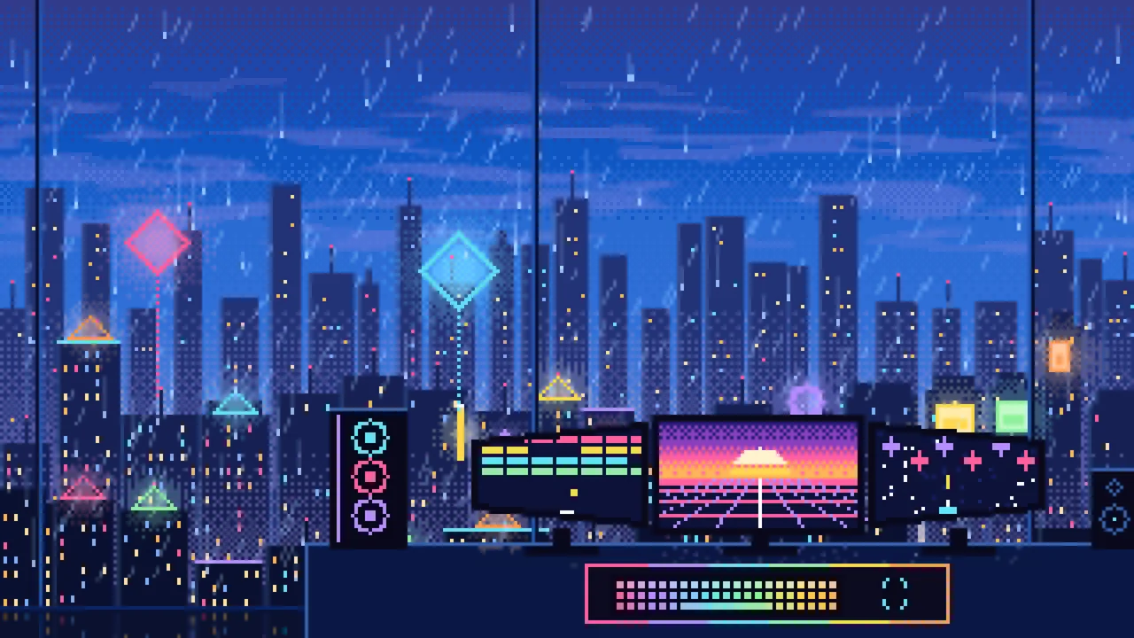 Blue Pixel Art Gaming Setup Above a Neon City desktop wallpaper in 4K