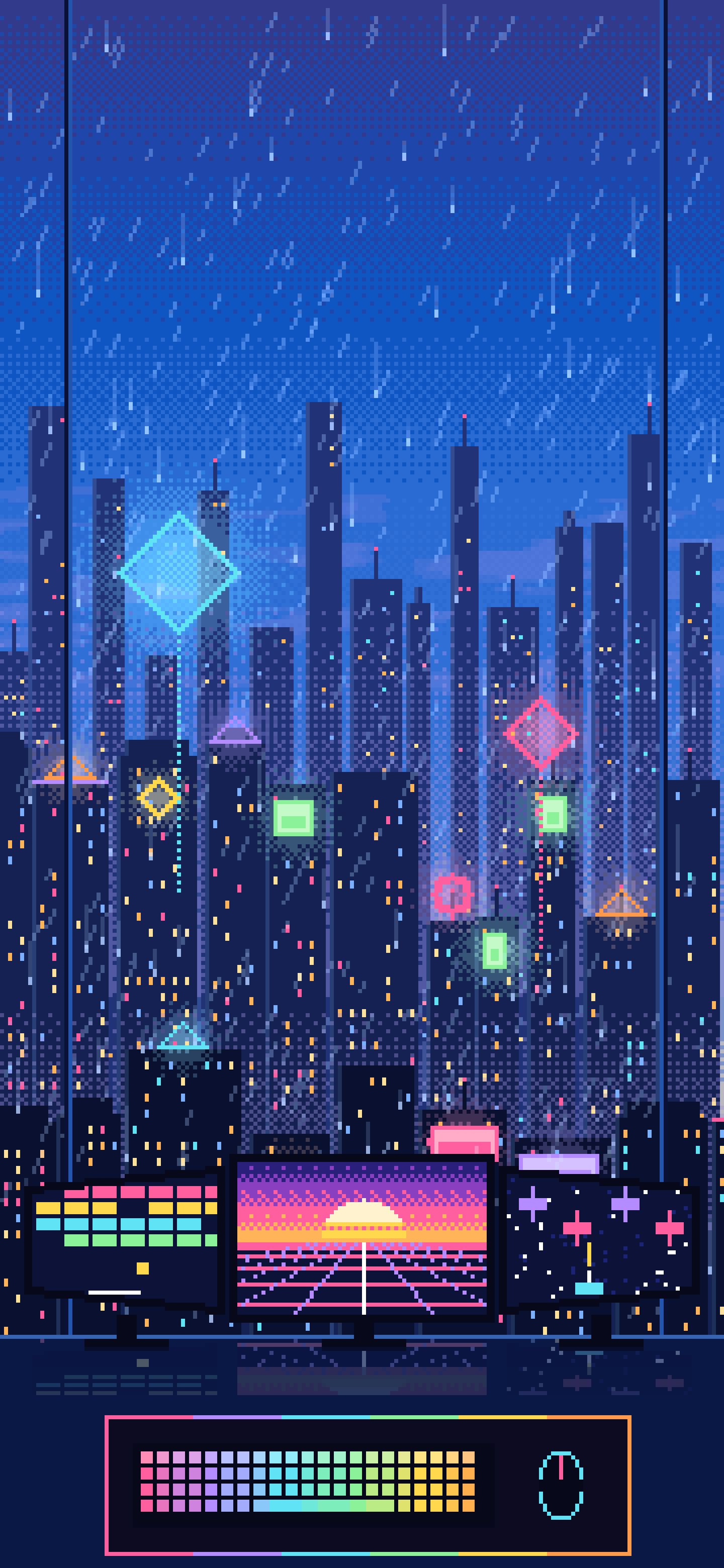 Blue Pixel Art Gaming Setup Above a Neon City wallpaper for iPhone and Android