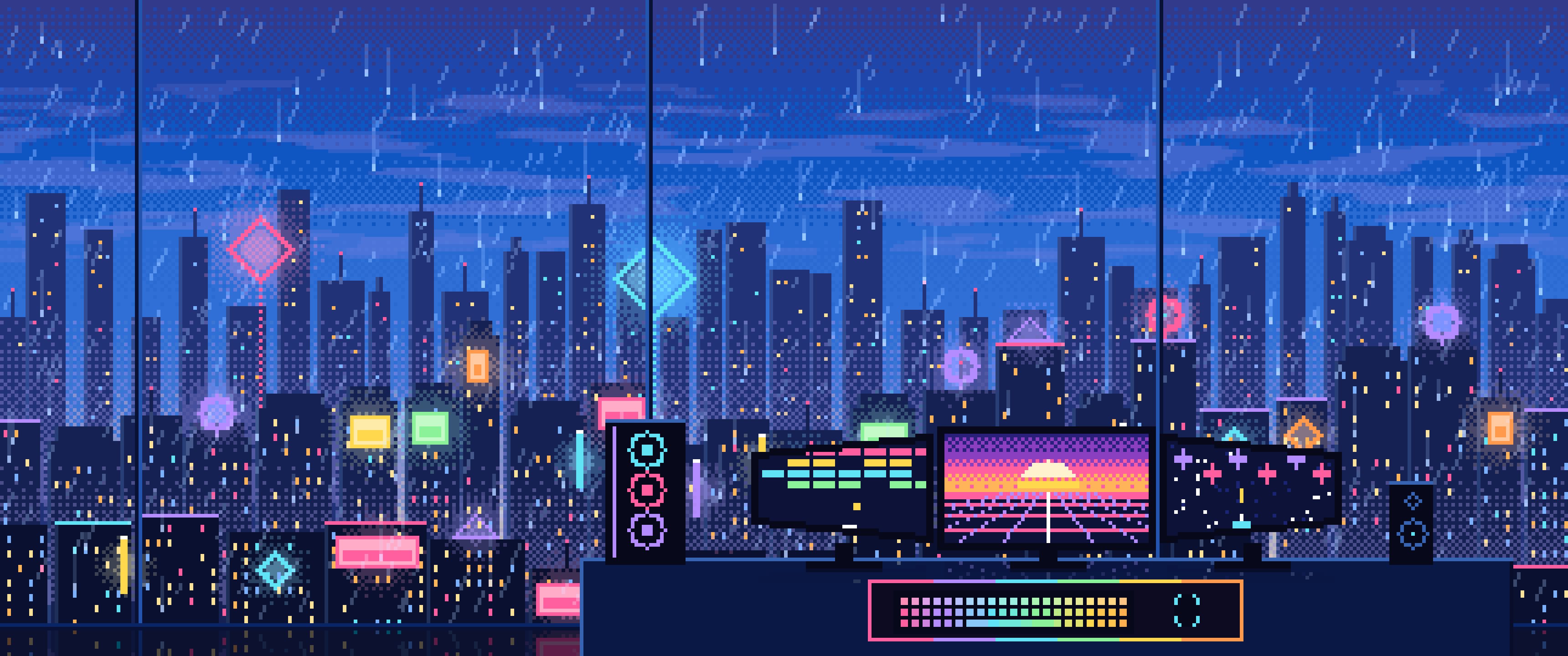 Blue Pixel Art Gaming Setup Above a Neon City ultrawide wallpaper, 3440 × 1440