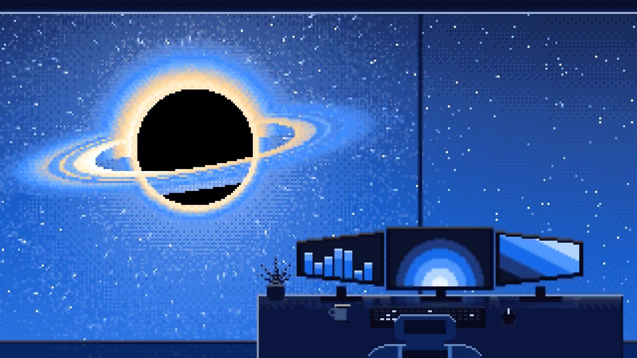Blue Pixel Art Gaming Setup Before a Black Hole desktop wallpaper in 4K