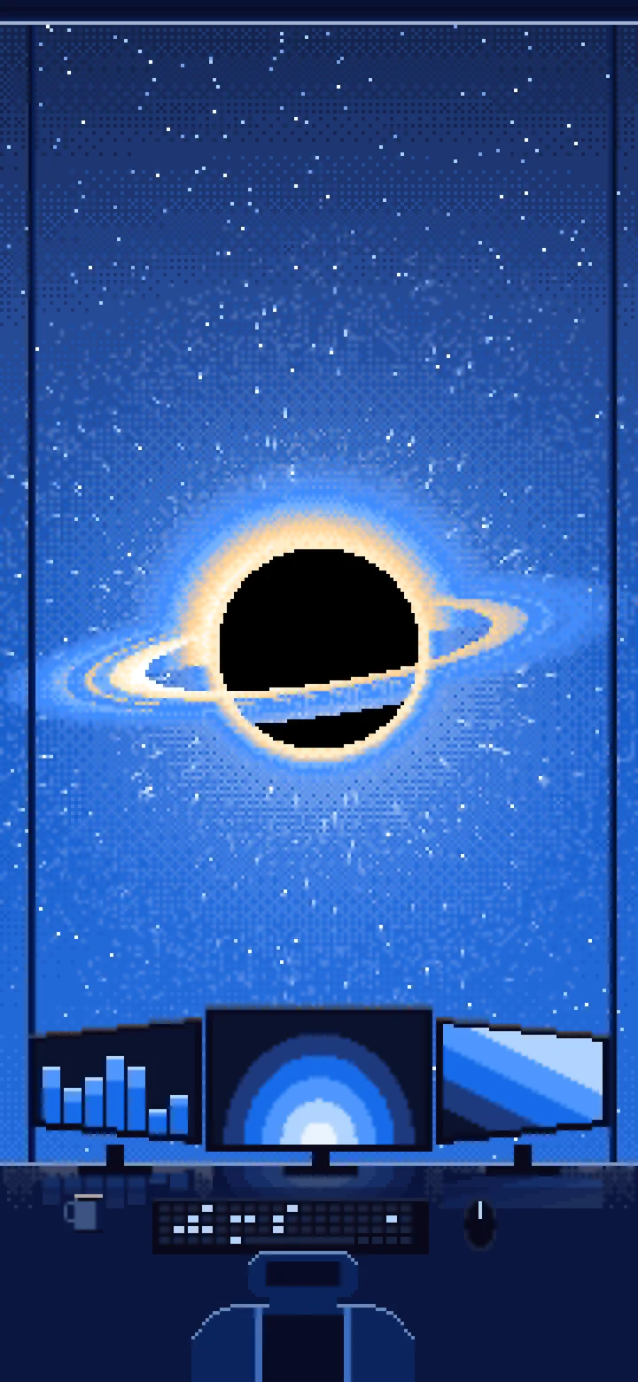 Blue Pixel Art Gaming Setup Before a Black Hole wallpaper for iPhone and Android
