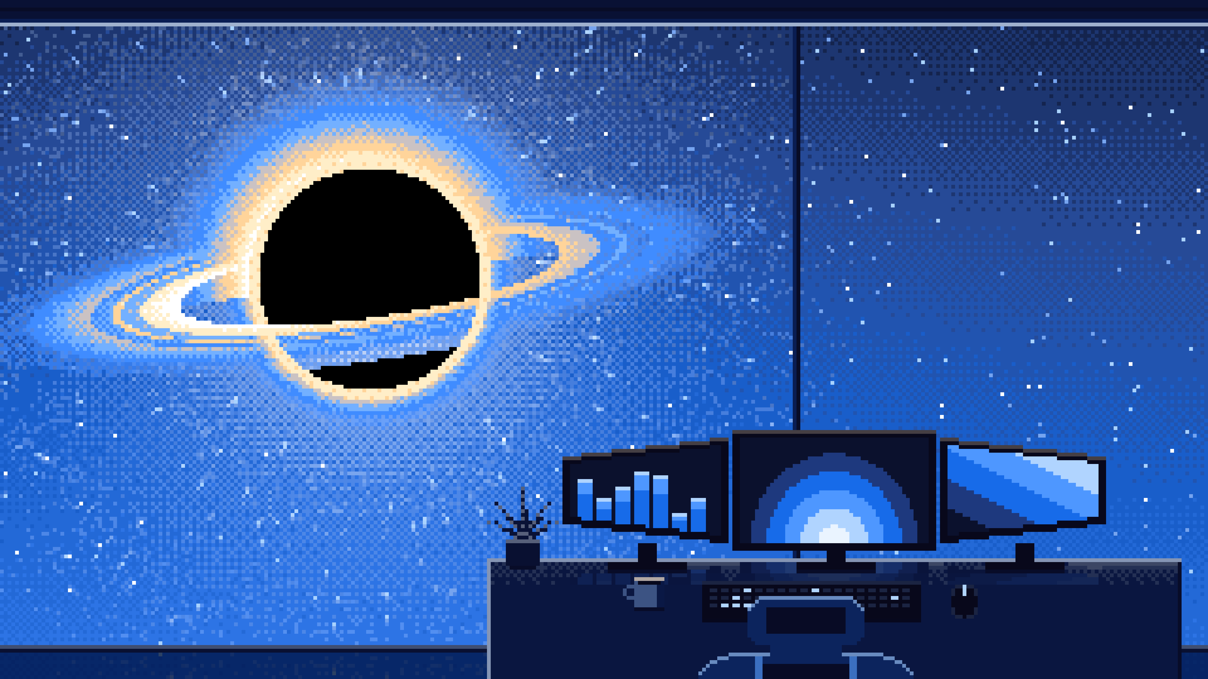 Blue Pixel Art Gaming Setup Before a Black Hole desktop wallpaper in 4K