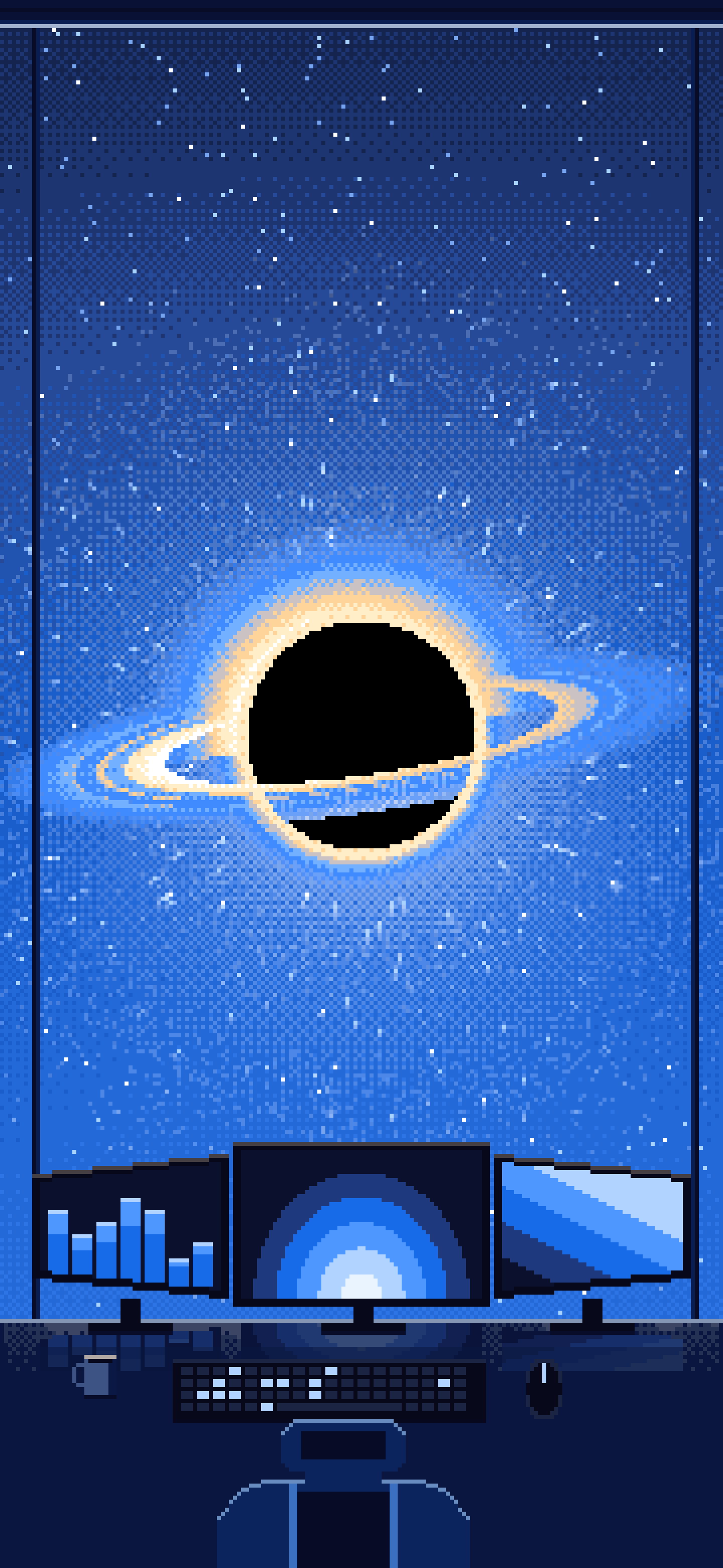 Blue Pixel Art Gaming Setup Before a Black Hole wallpaper for iPhone and Android
