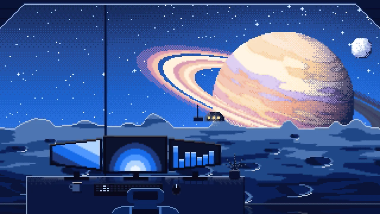 Blue Pixel Art Gaming Setup Before a Ringed Planet desktop wallpaper in 4K