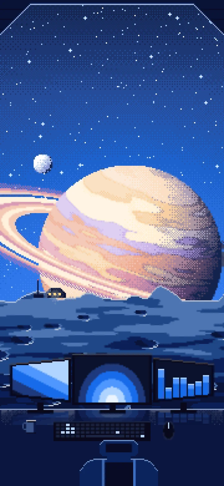Blue Pixel Art Gaming Setup Before a Ringed Planet wallpaper for iPhone and Android