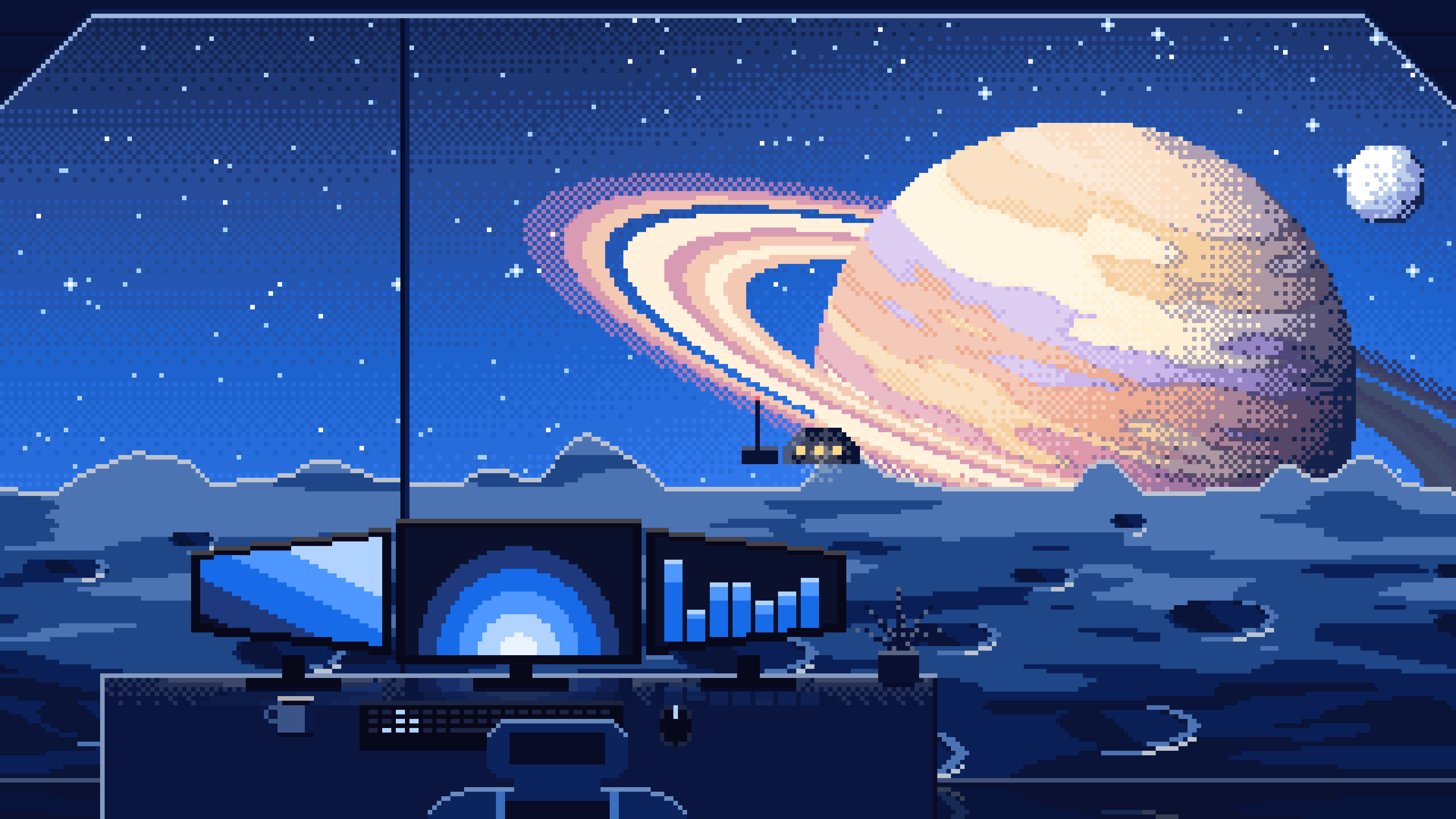 Blue Pixel Art Gaming Setup Before a Ringed Planet desktop wallpaper in 4K
