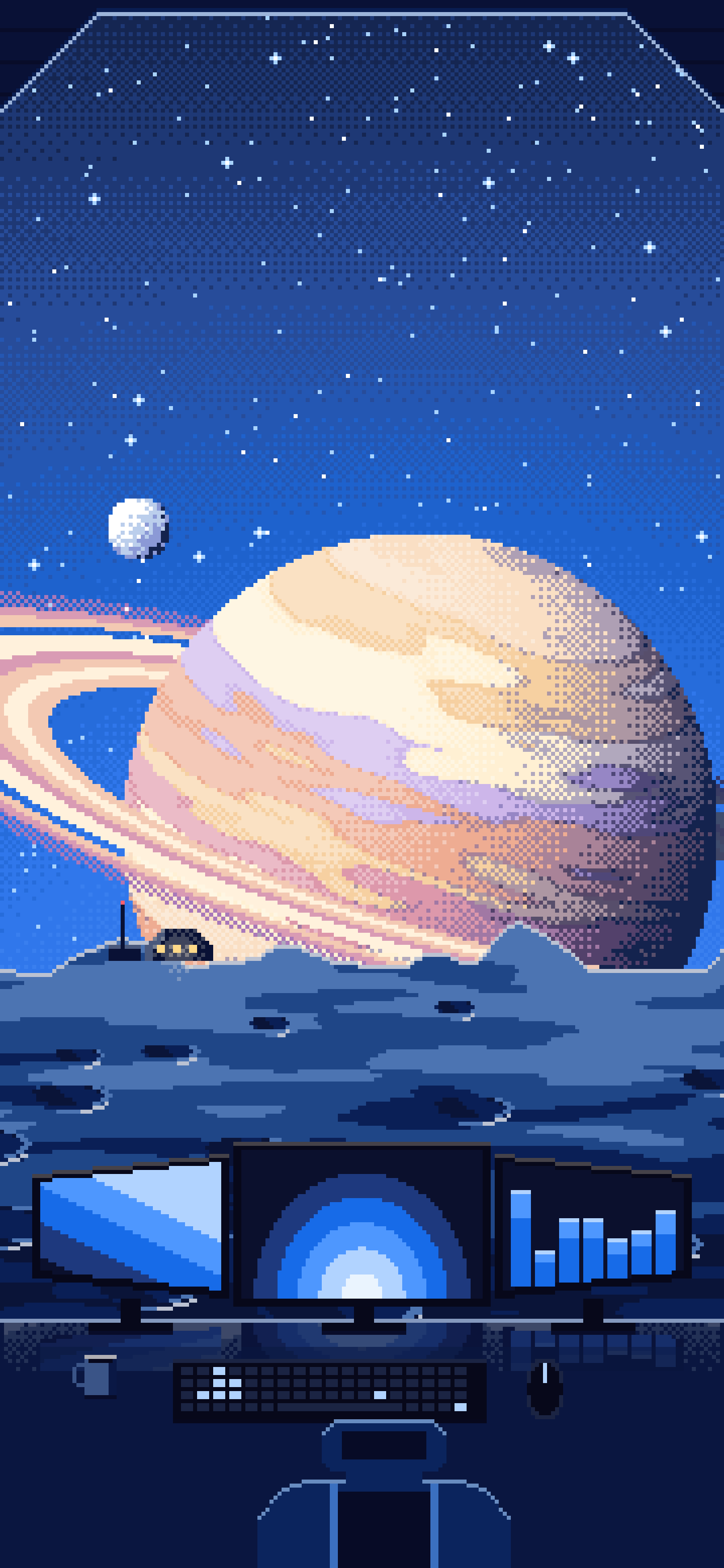 Blue Pixel Art Gaming Setup Before a Ringed Planet wallpaper for iPhone and Android