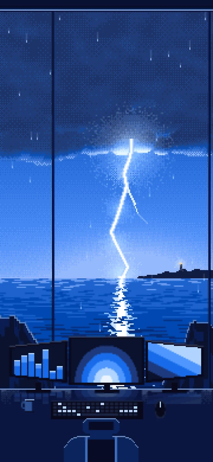 Blue Pixel Art Gaming Setup in a Lightning Storm wallpaper for iPhone and Android