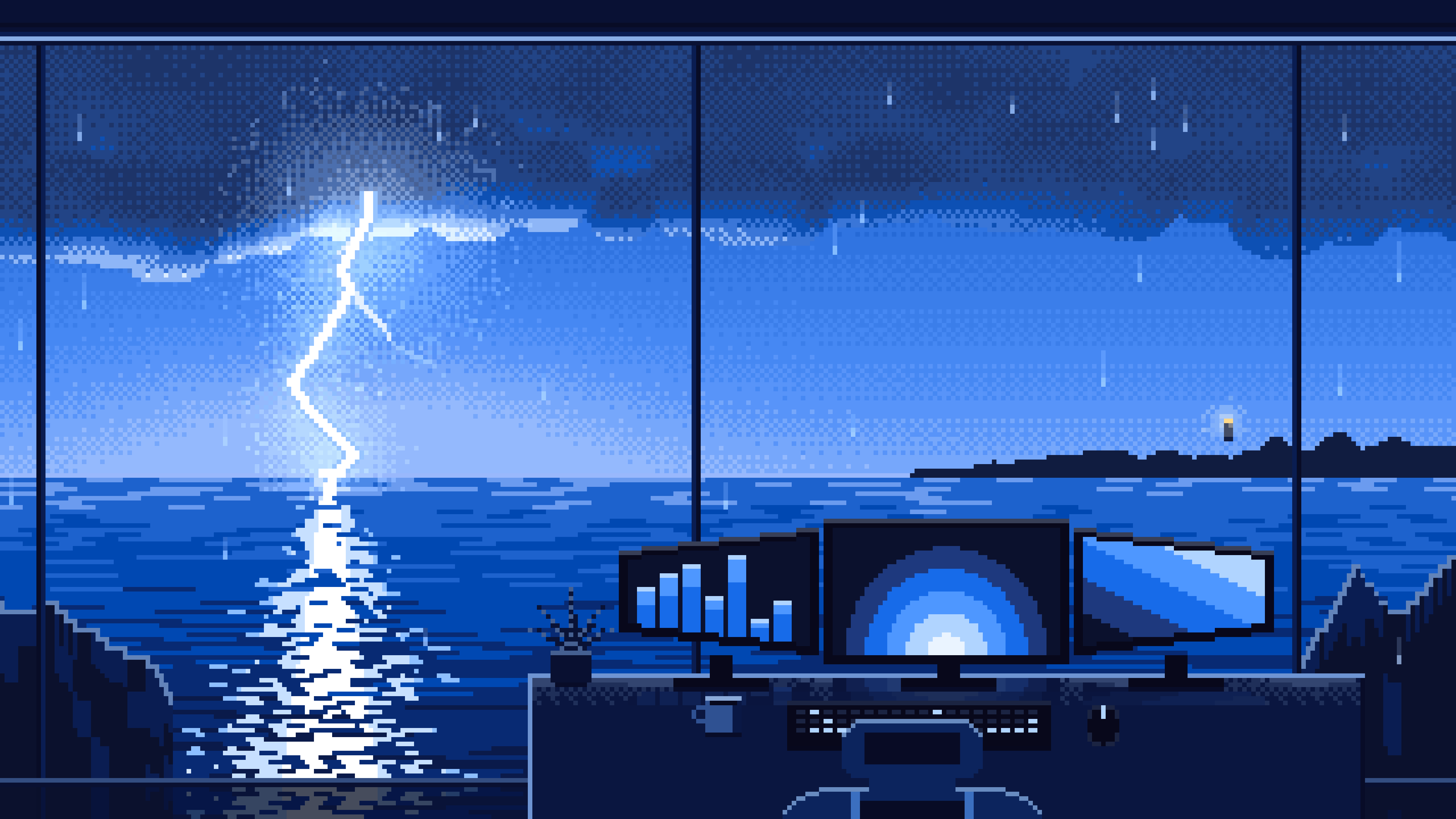 Blue Pixel Art Gaming Setup in a Lightning Storm desktop wallpaper in 4K