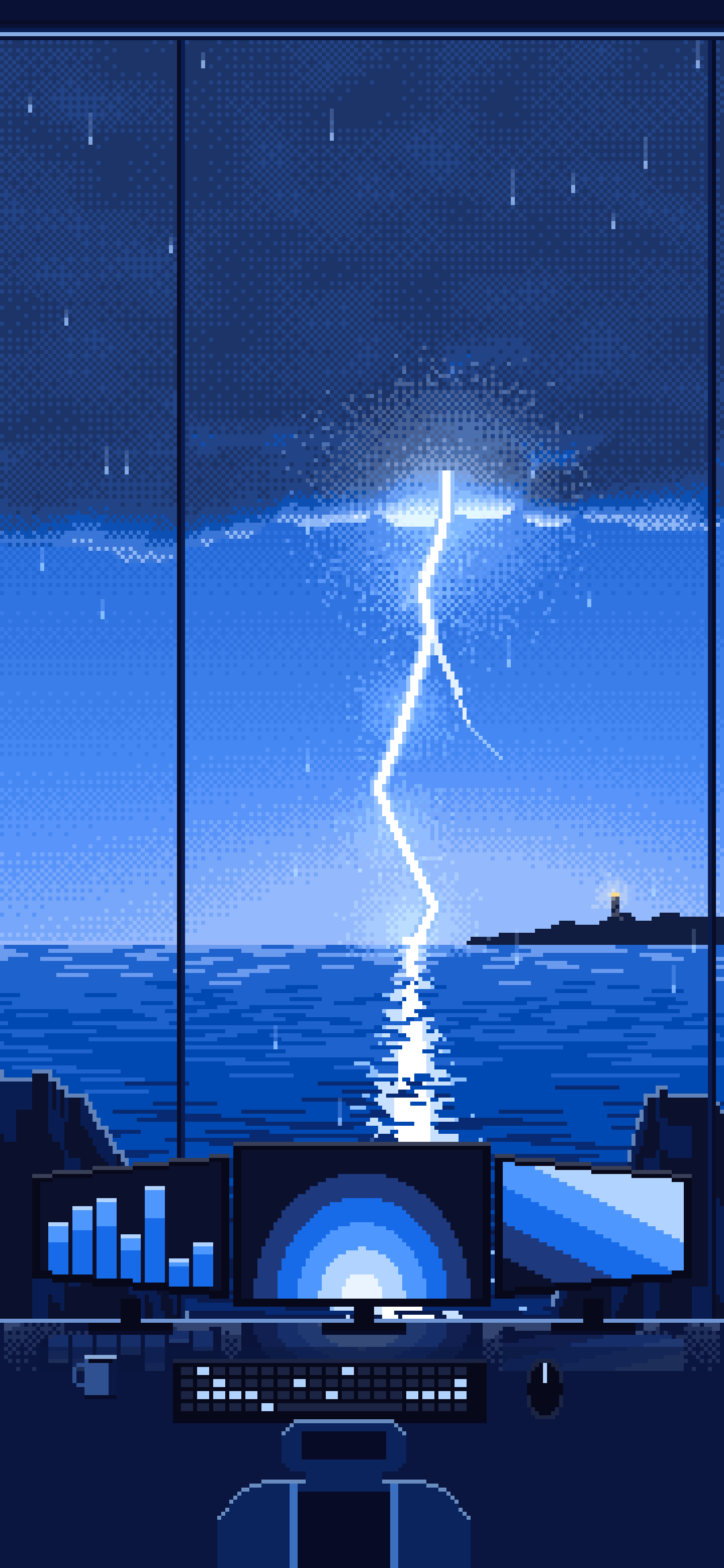 Blue Pixel Art Gaming Setup in a Lightning Storm wallpaper for iPhone and Android