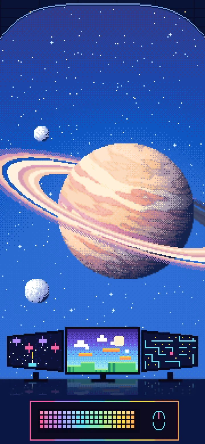 Blue Pixel Art Gaming Setup in Space wallpaper for iPhone and Android