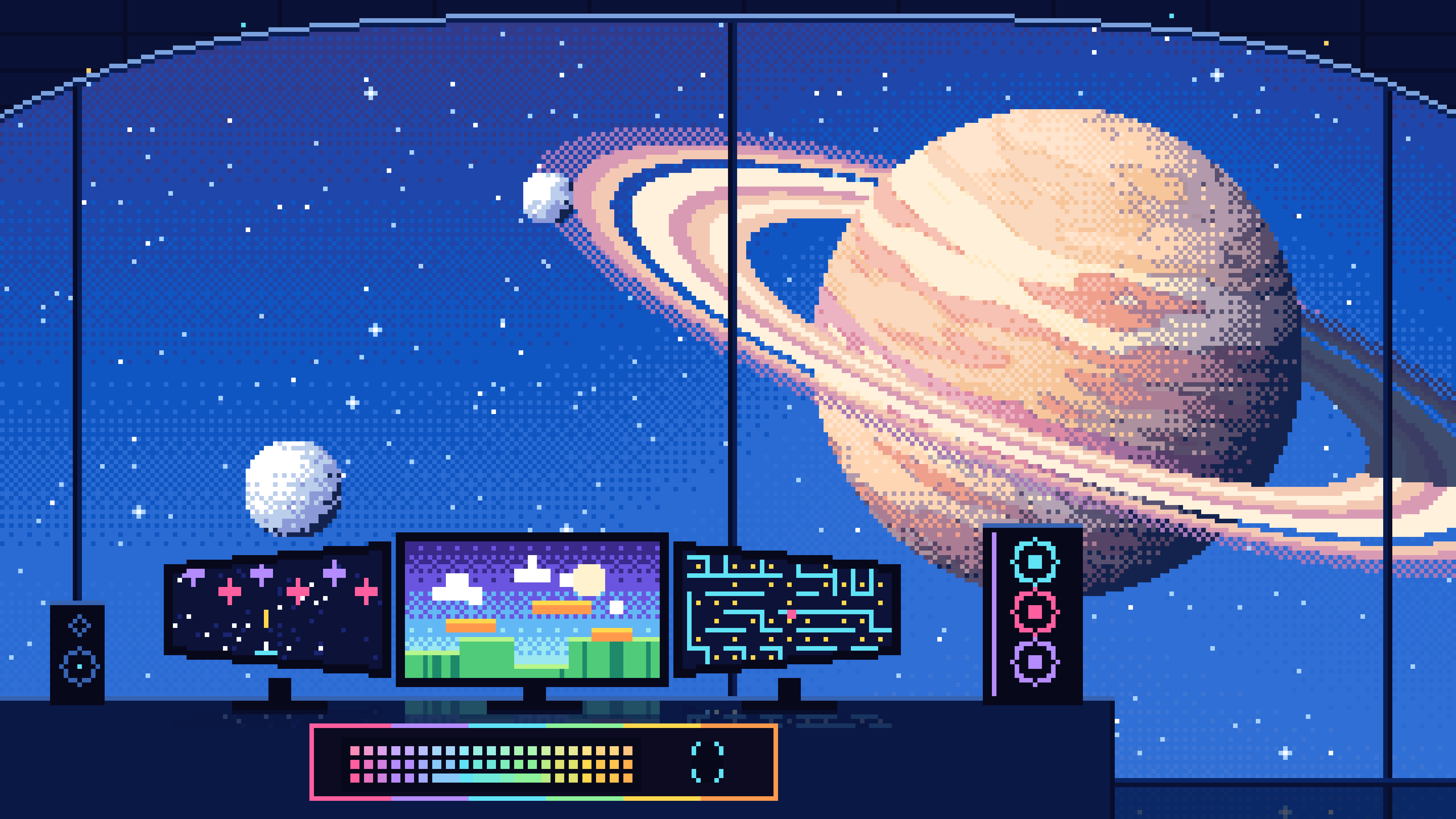 Blue Pixel Art Gaming Setup in Space desktop wallpaper in 4K