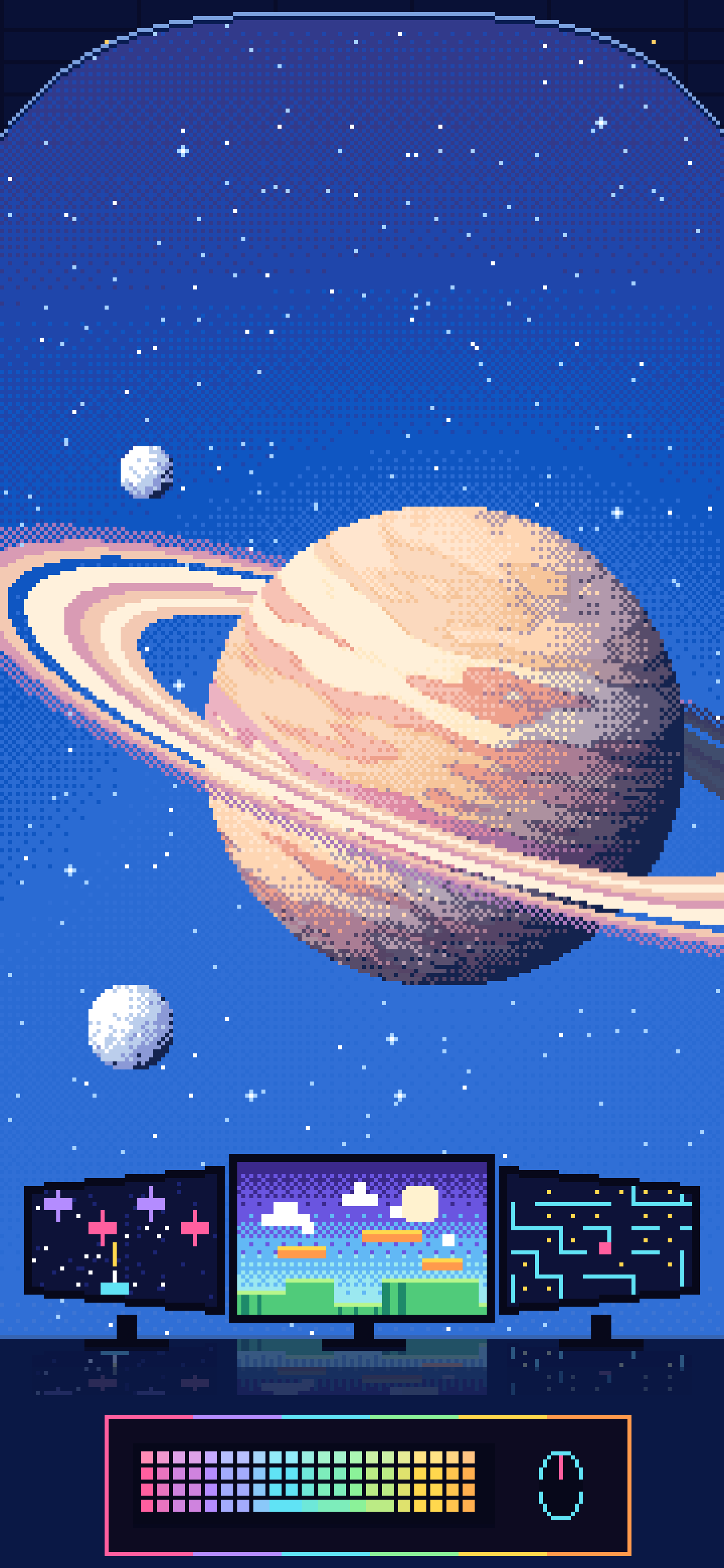 Blue Pixel Art Gaming Setup in Space wallpaper for iPhone and Android
