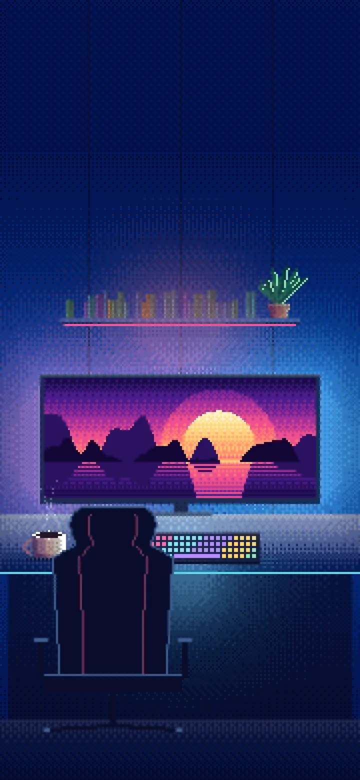 Blue Pixel Art Gaming Setup wallpaper for iPhone and Android