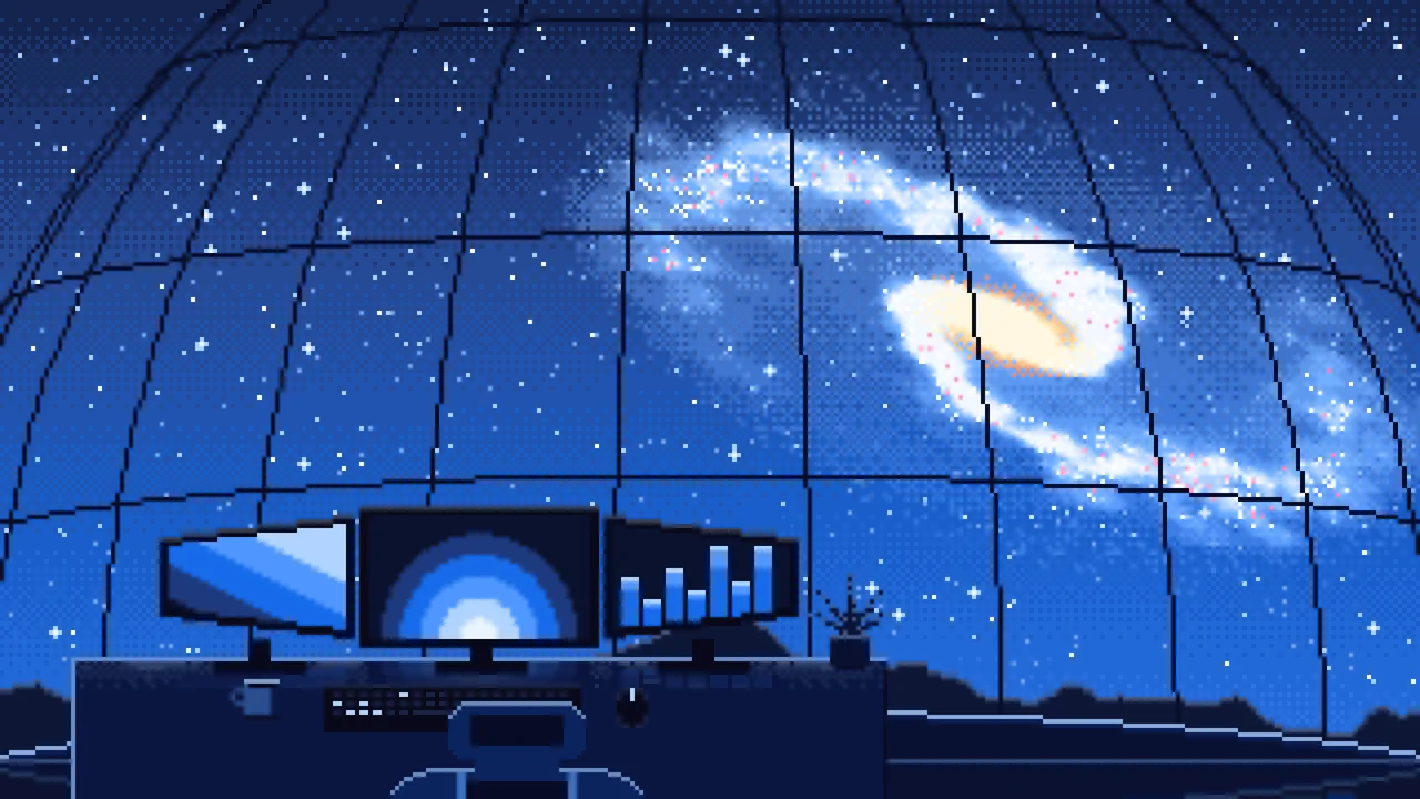 Blue Pixel Art Gaming Setup Under a Spiral Galaxy desktop wallpaper in 4K