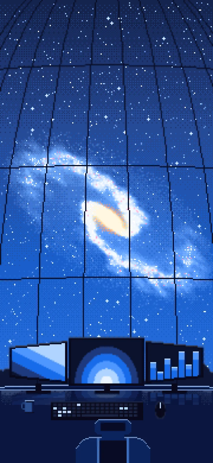 Blue Pixel Art Gaming Setup Under a Spiral Galaxy wallpaper for iPhone and Android