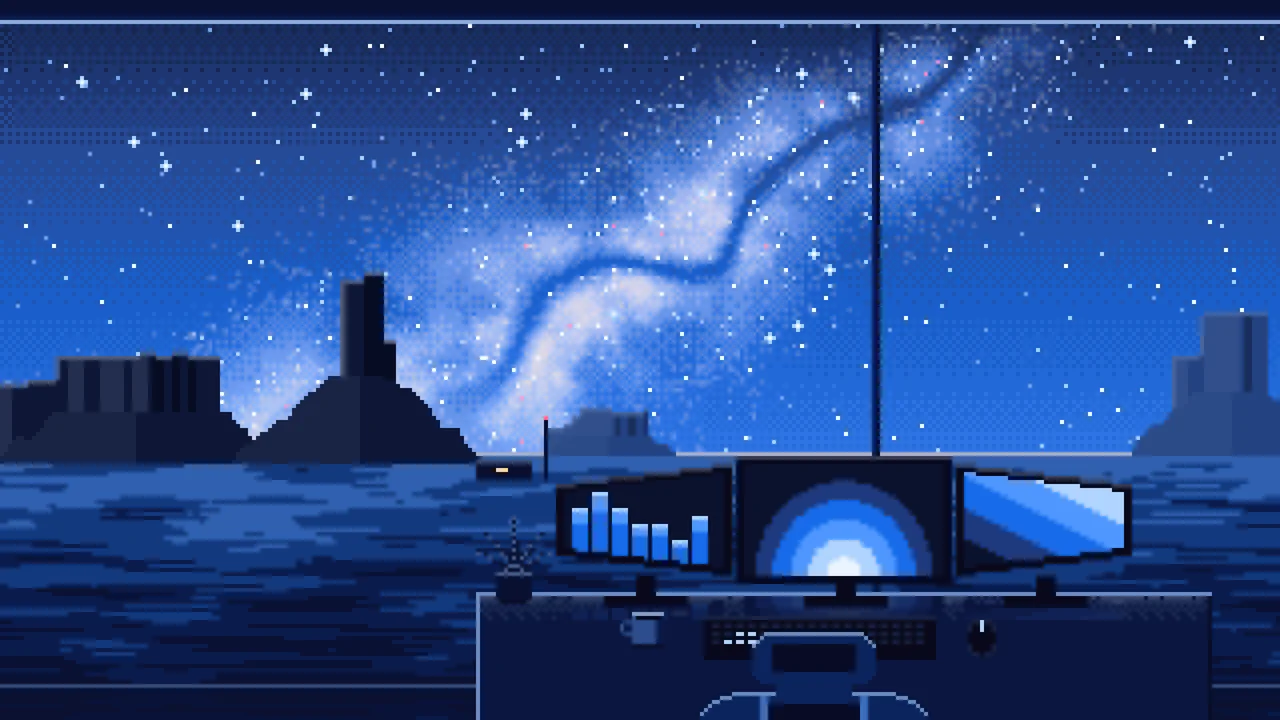 Blue Pixel Art Gaming Setup Under the Milky Way desktop wallpaper in 4K