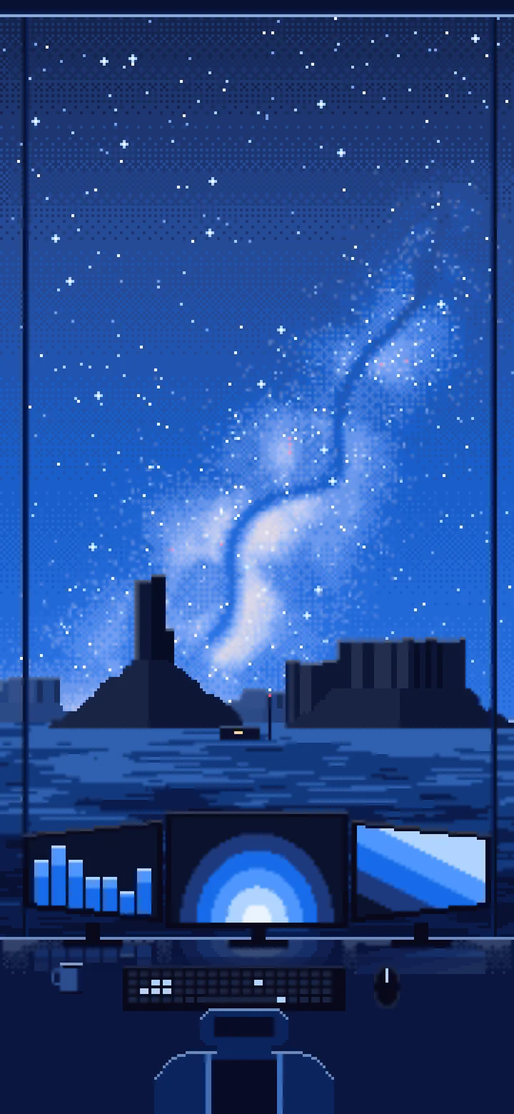 Blue Pixel Art Gaming Setup Under the Milky Way wallpaper for iPhone and Android