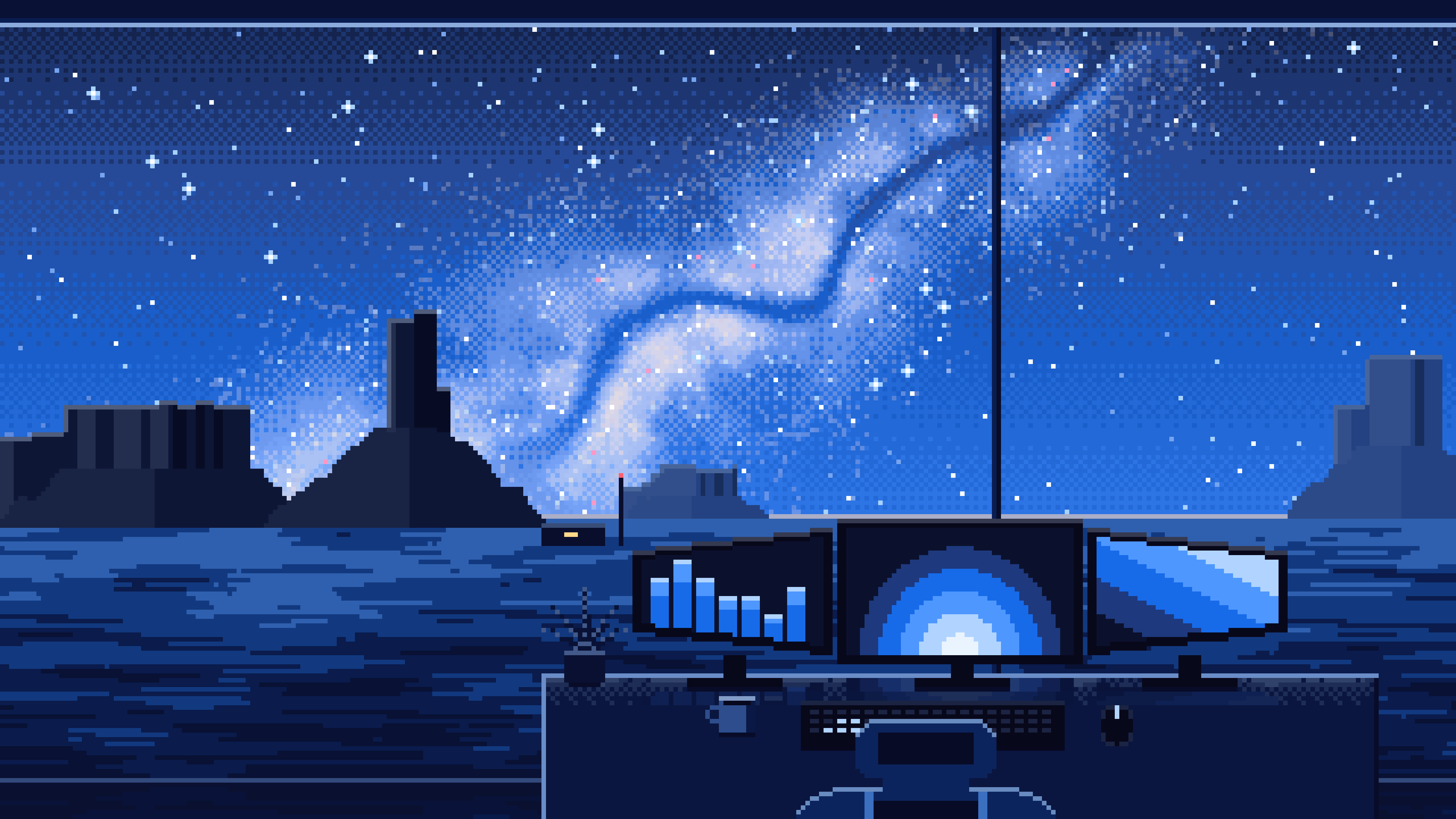 Blue Pixel Art Gaming Setup Under the Milky Way desktop wallpaper in 4K
