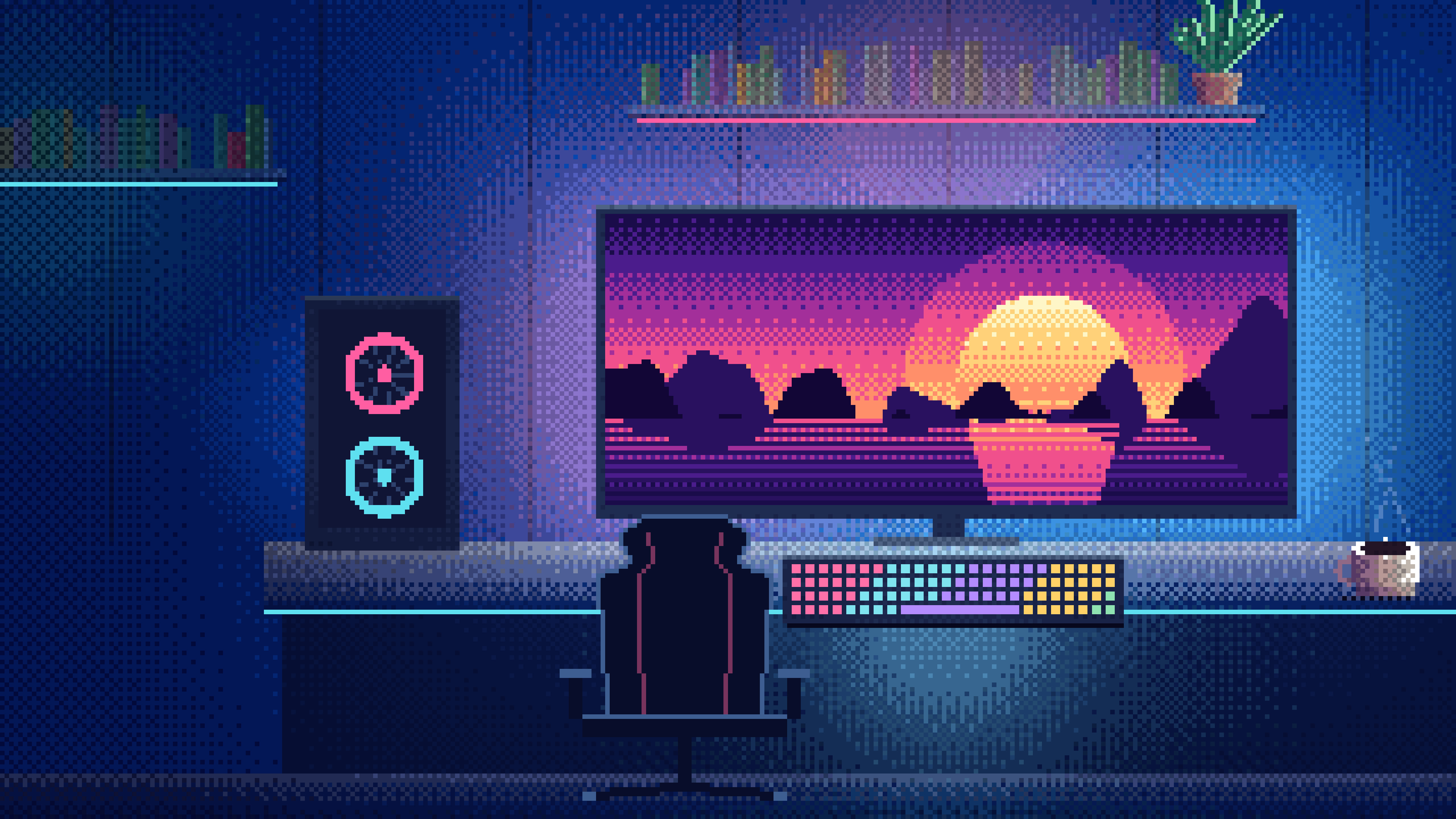 Blue Pixel Art Gaming Setup desktop wallpaper in 4K