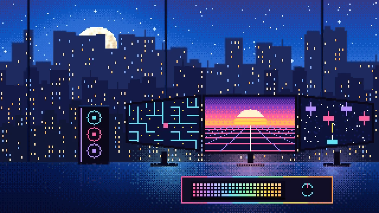 Blue Pixel Art Gaming Setup With a City View desktop wallpaper in 4K
