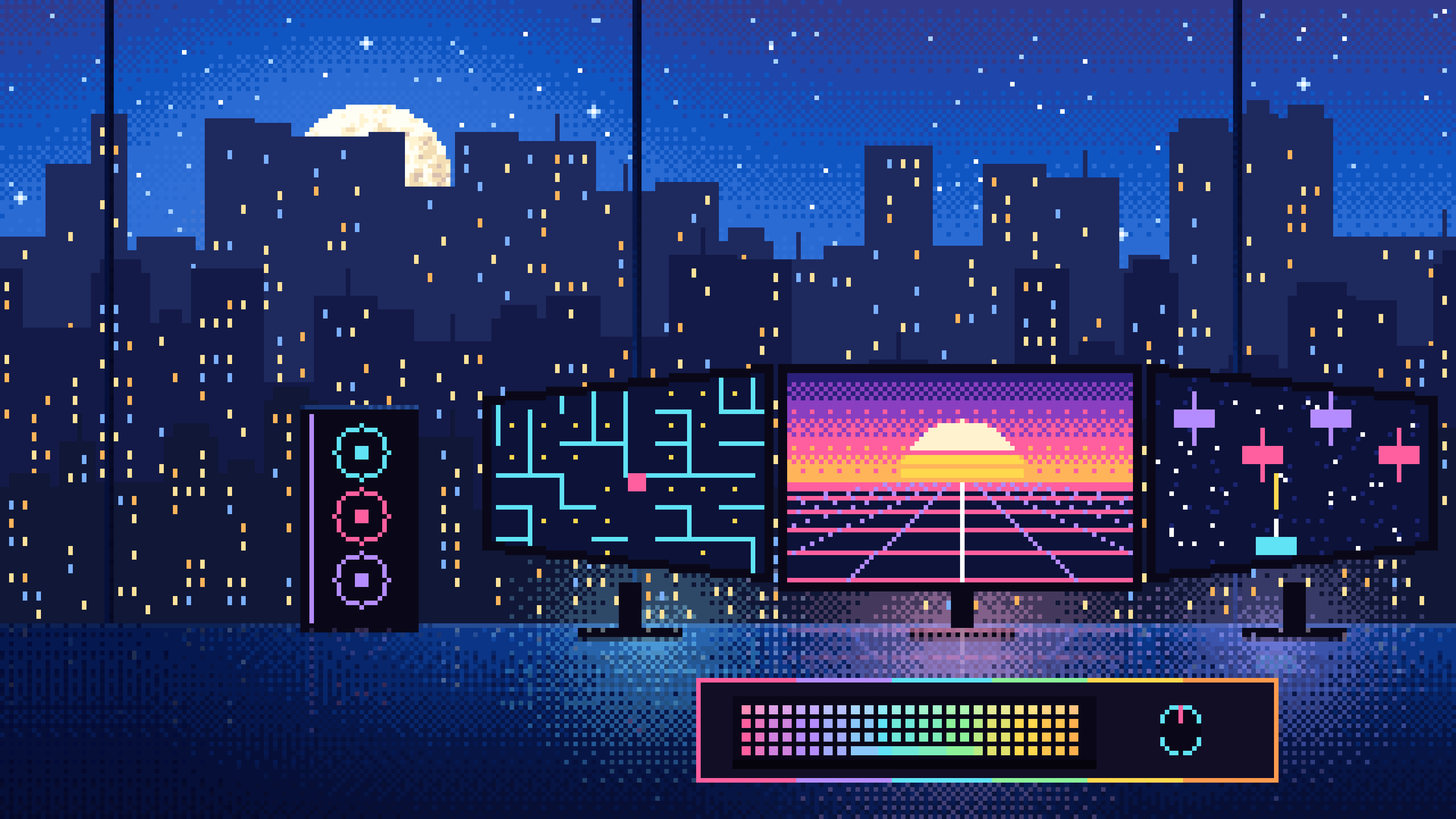 Blue Pixel Art Gaming Setup With a City View desktop wallpaper in 4K