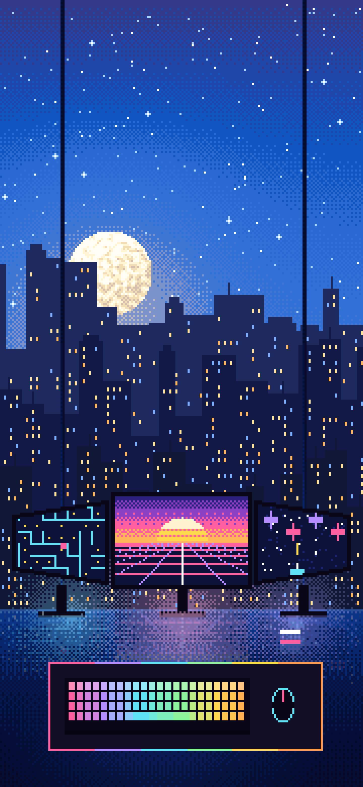 Blue Pixel Art Gaming Setup With a City View wallpaper for iPhone and Android