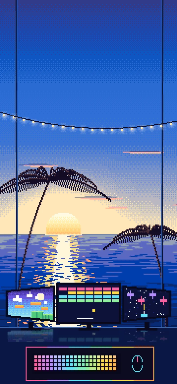 Blue Pixel Art Gaming Setup With an Ocean Sunset wallpaper for iPhone and Android