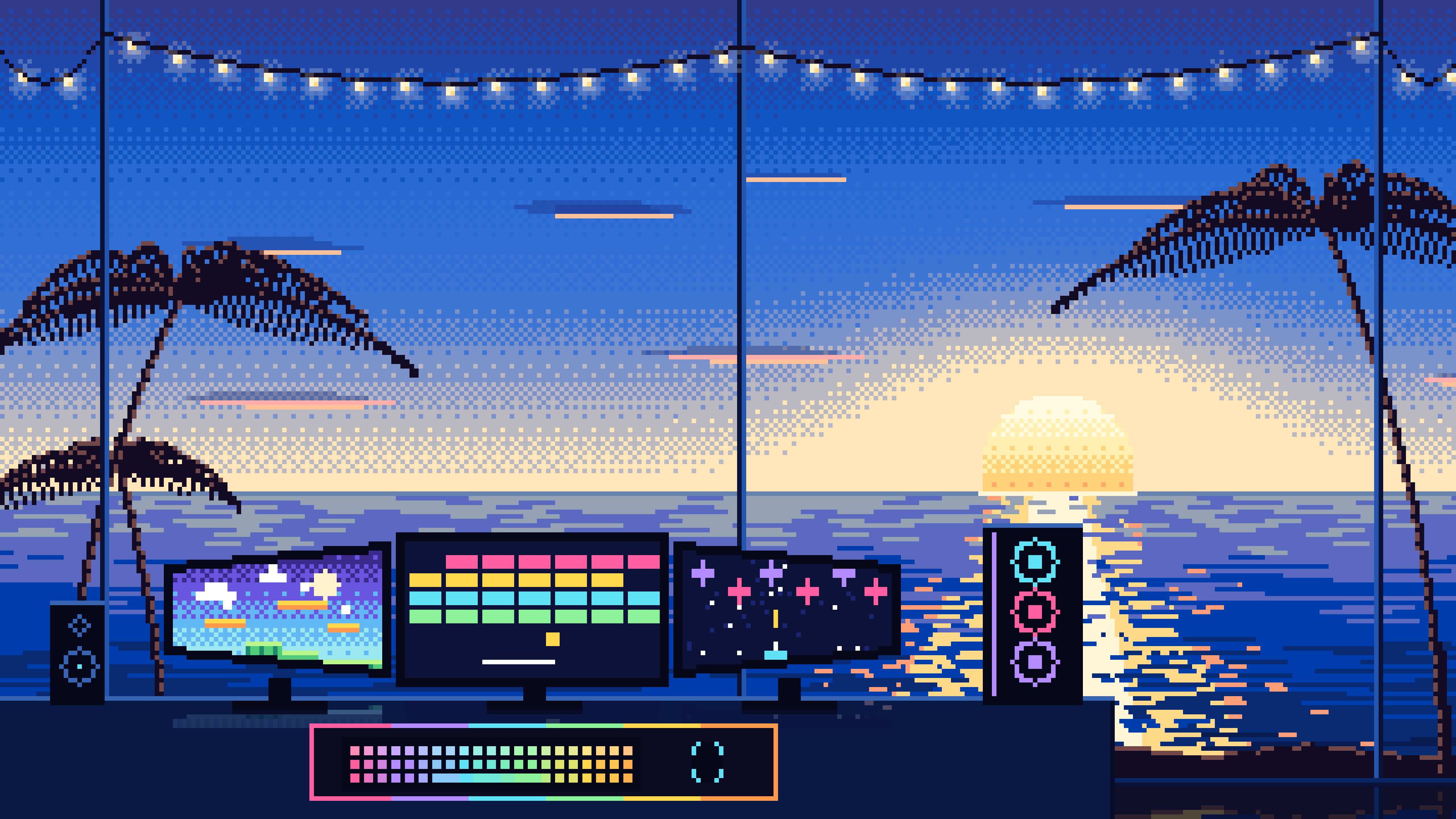 Blue Pixel Art Gaming Setup With an Ocean Sunset desktop wallpaper in 4K