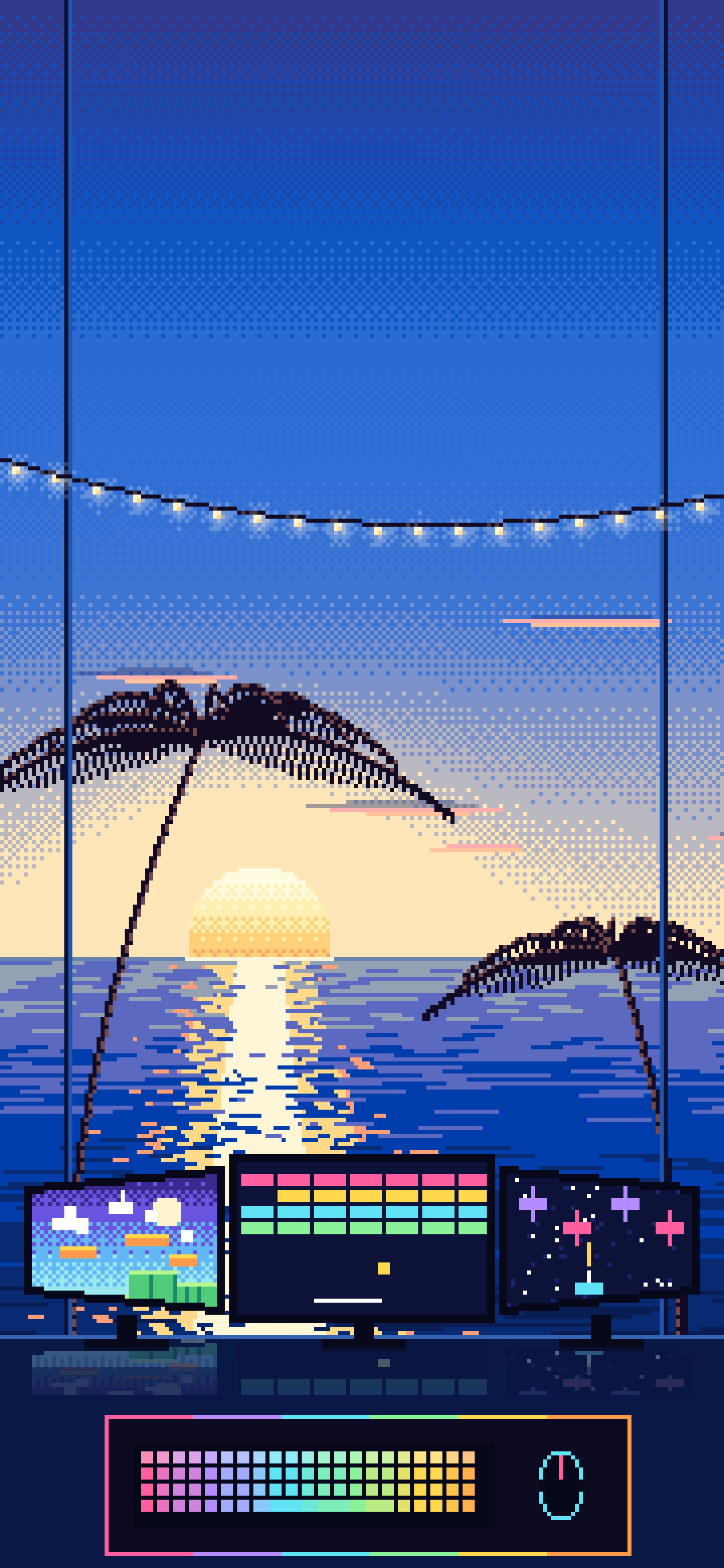 Blue Pixel Art Gaming Setup With an Ocean Sunset wallpaper for iPhone and Android