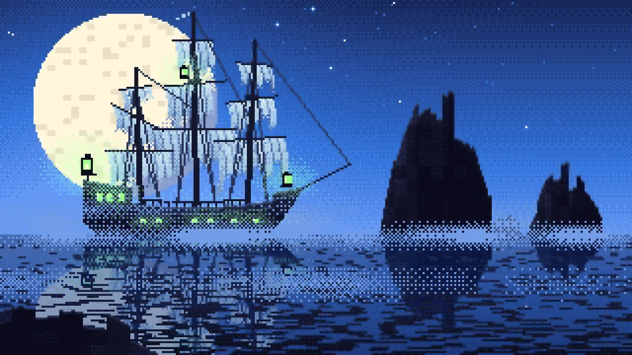 Blue Pixel Art Ghost Ship in the Fog desktop wallpaper in 4K
