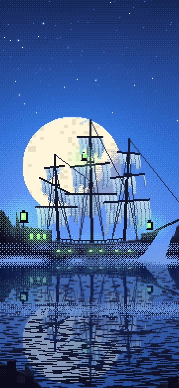 Blue Pixel Art Ghost Ship in the Fog wallpaper for iPhone and Android