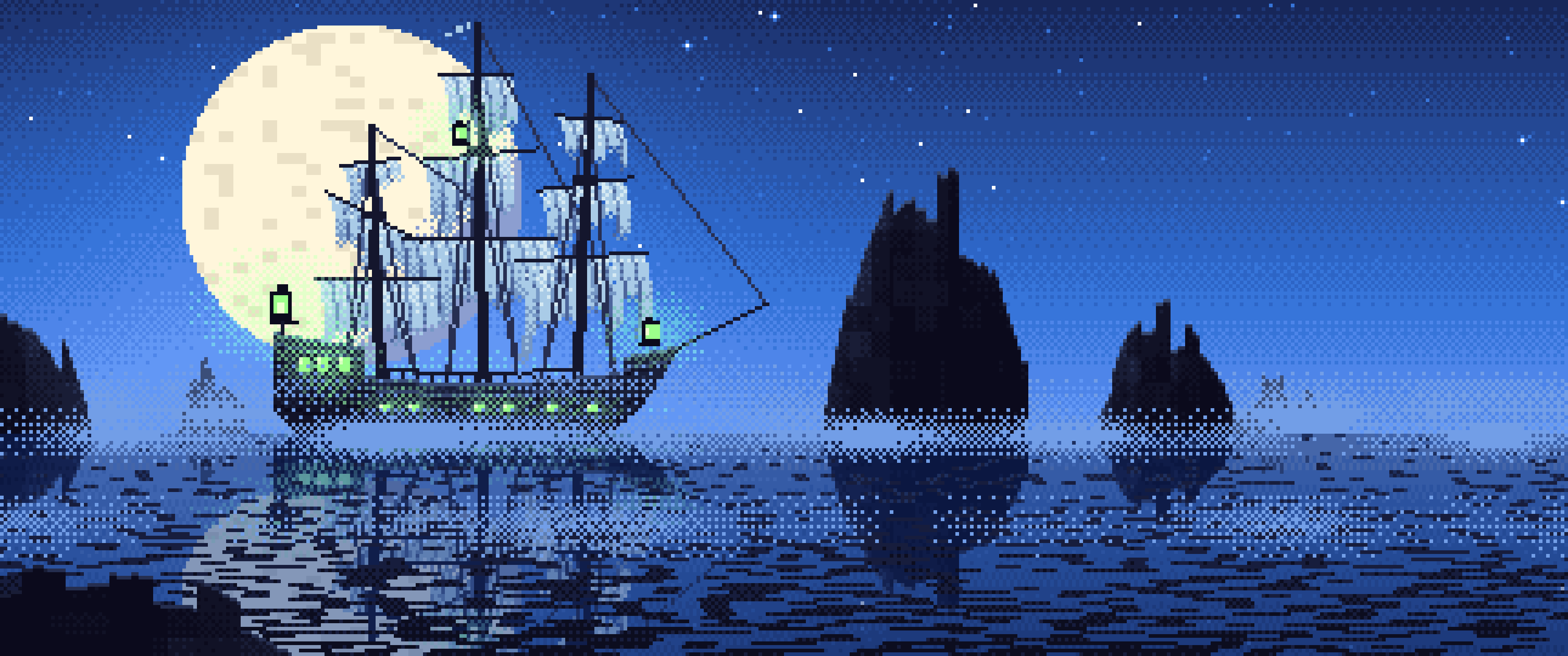 Blue Pixel Art Ghost Ship in the Fog ultrawide wallpaper, 3440 × 1440