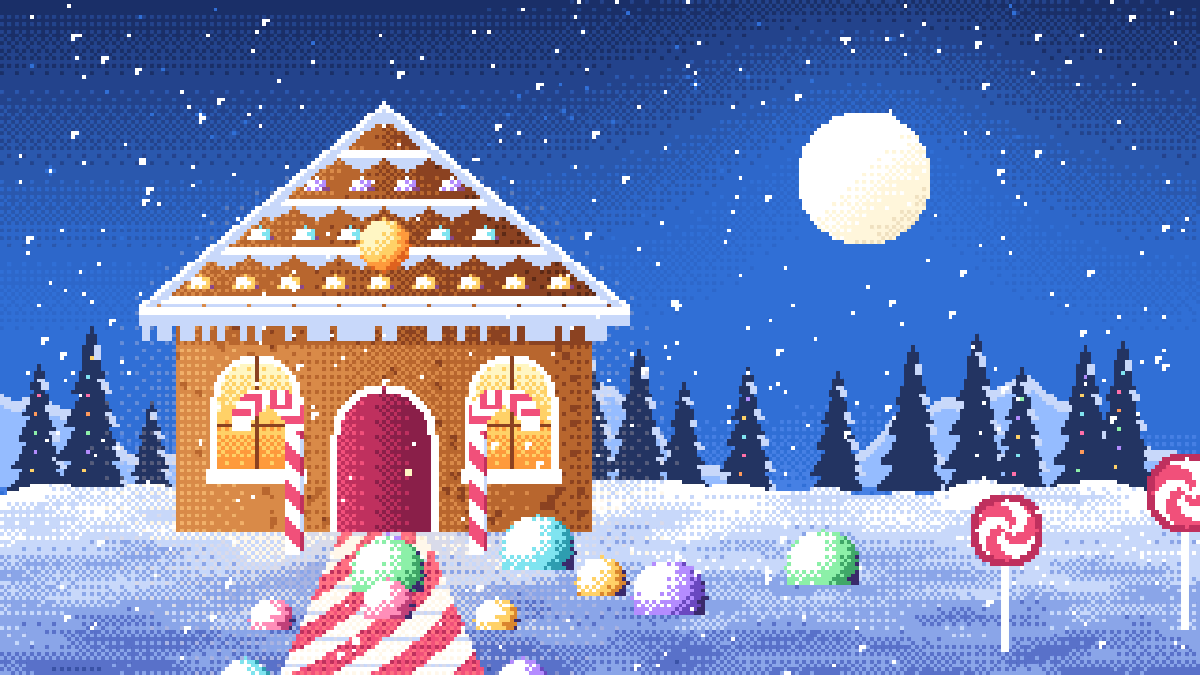 Blue Pixel Art Gingerbread House desktop wallpaper in 4K