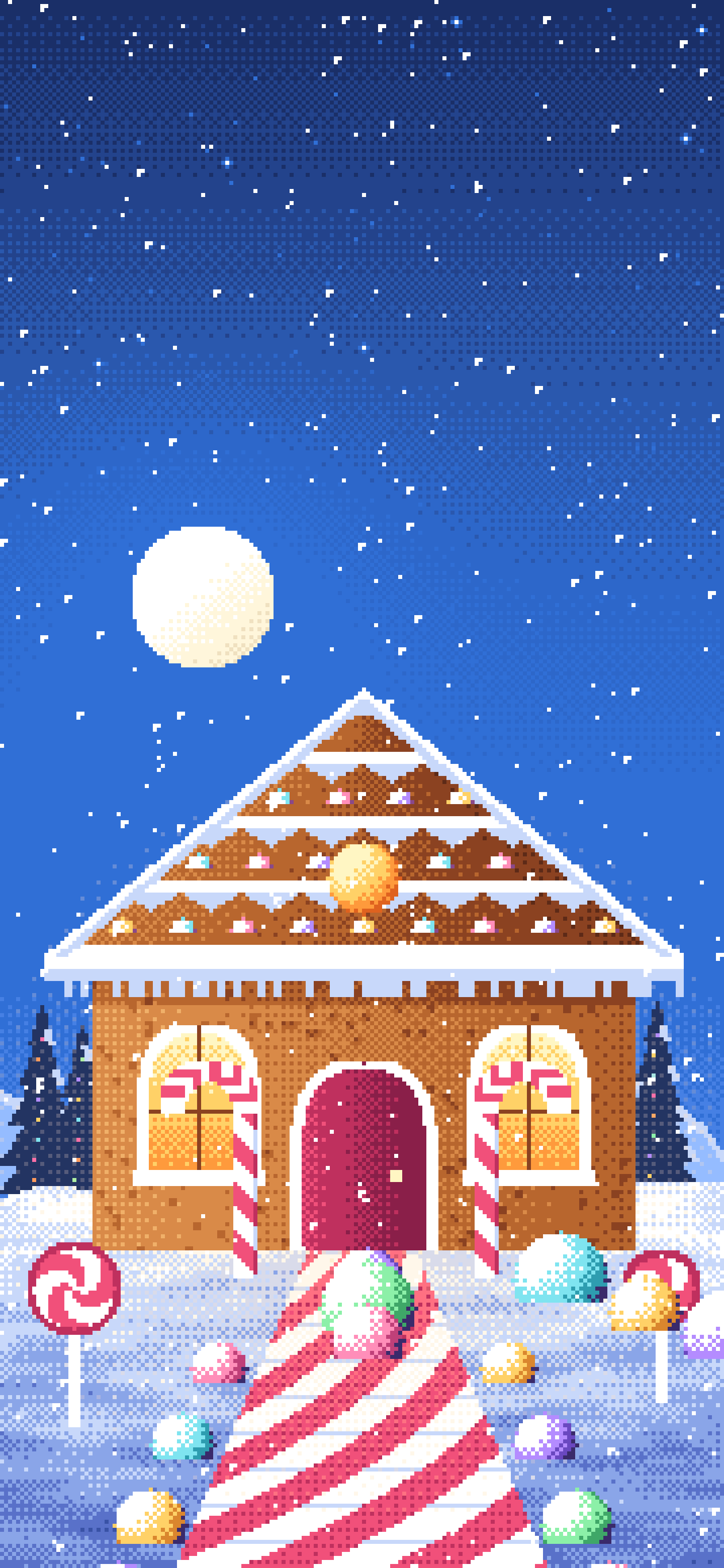 Blue Pixel Art Gingerbread House wallpaper for iPhone and Android