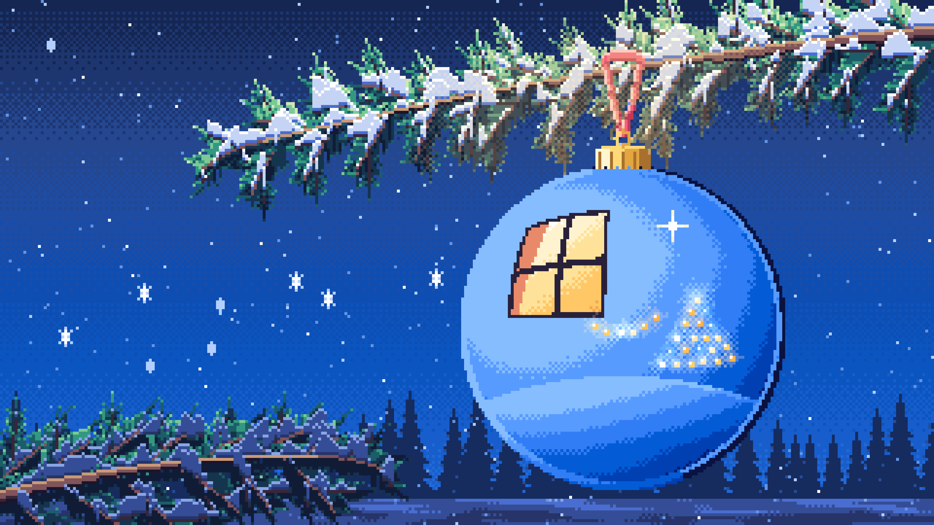 Blue Pixel Art Glass Christmas Ornament on a Snowy Bough desktop wallpaper in 4K